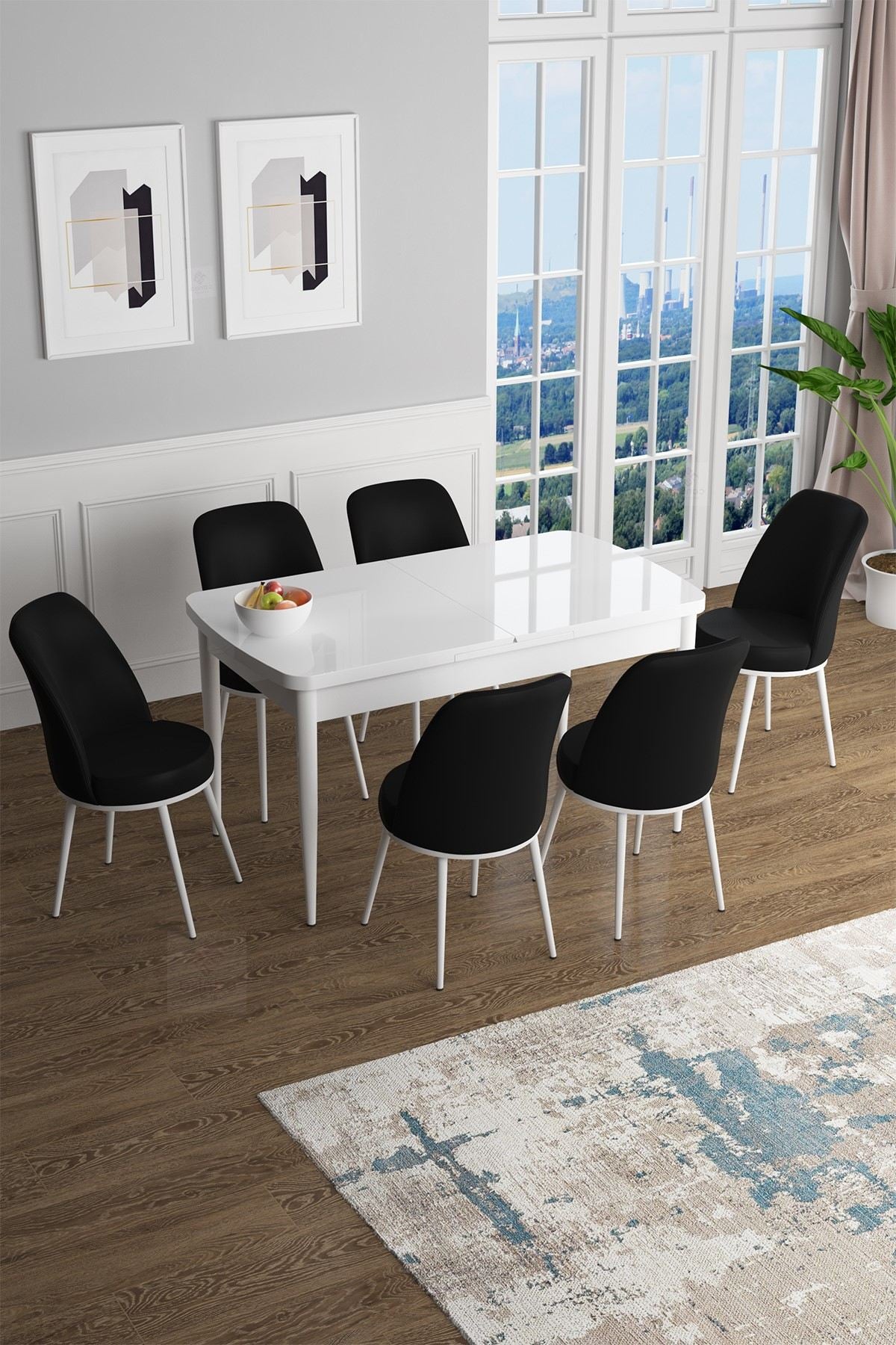 Conjunto de Mesa de Jantar Extensível e Cadeiras (7 peças) – 114x70 cm (aberta 144 cm) – Branco e Preto – MDF e Metal