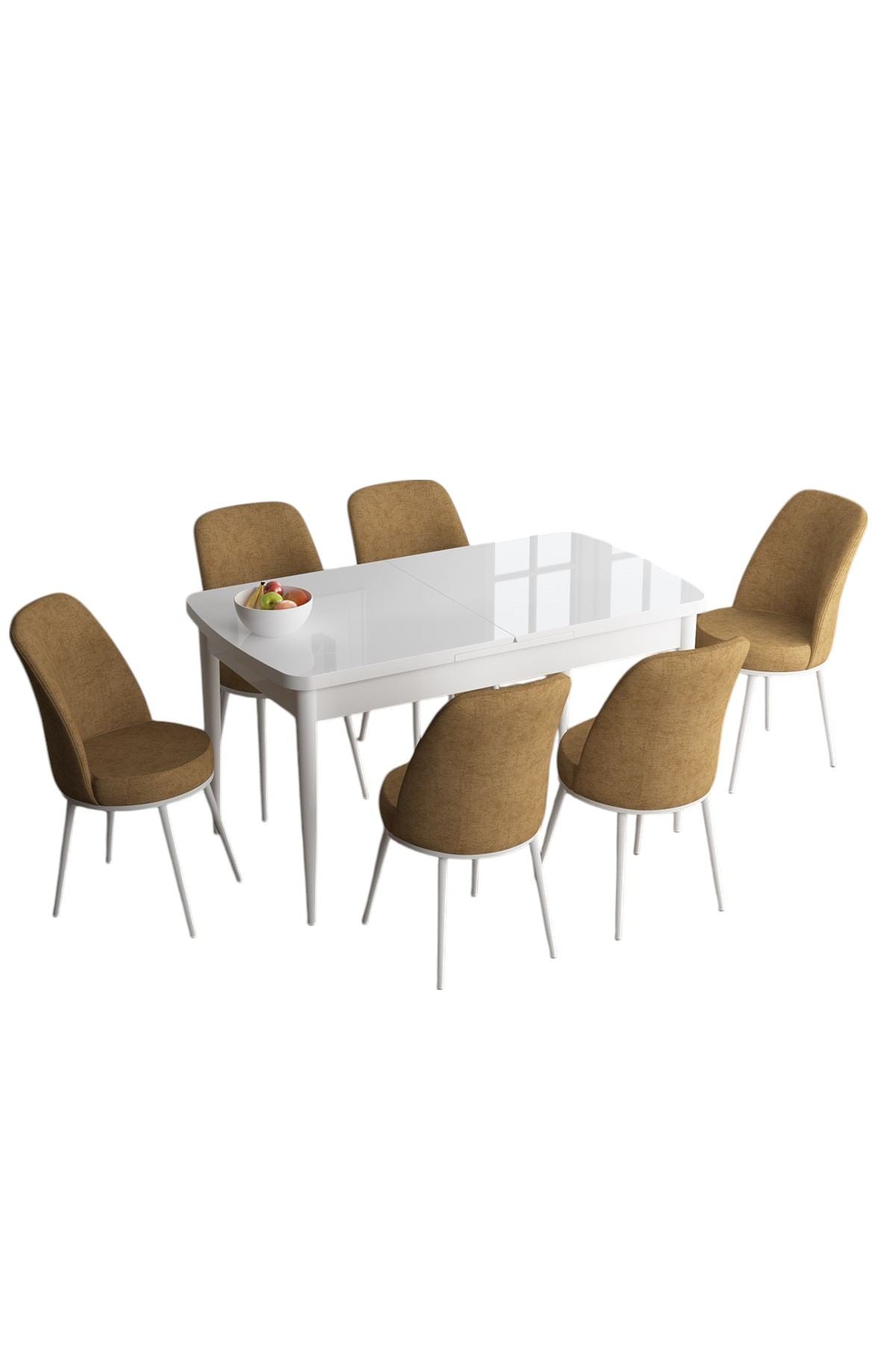 Conjunto de Mesa de Jantar Extensível e Cadeiras (7 Peças) – 114x70 cm (Extensível 144x70 cm) – Branco e Cappuccino – MDF com Pernas de Metal
