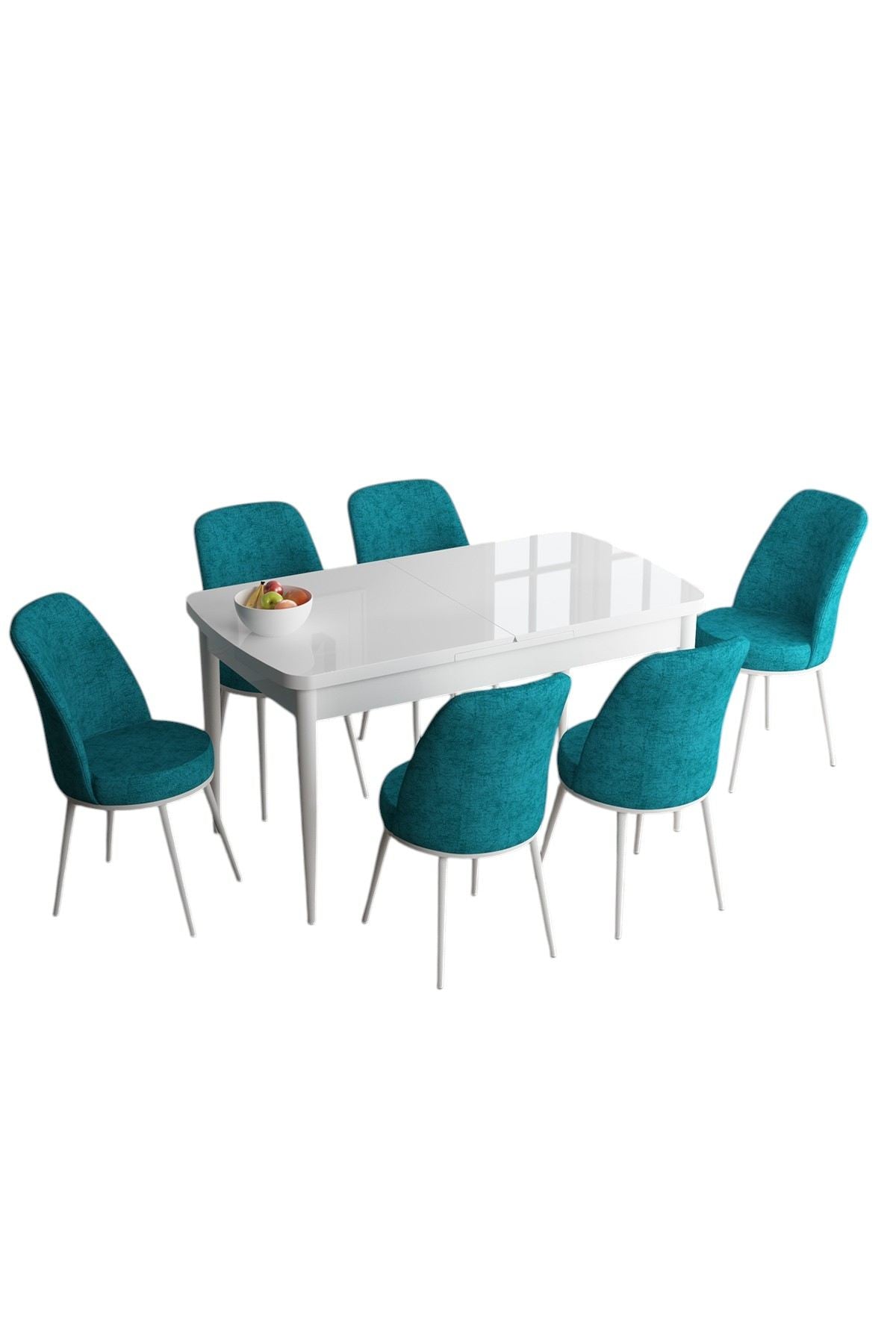 Conjunto de mesa de jantar extensível e cadeiras (7 peças) – 114 cm x 78 cm x 70 cm – Branco e Turquesa – MDF e metal