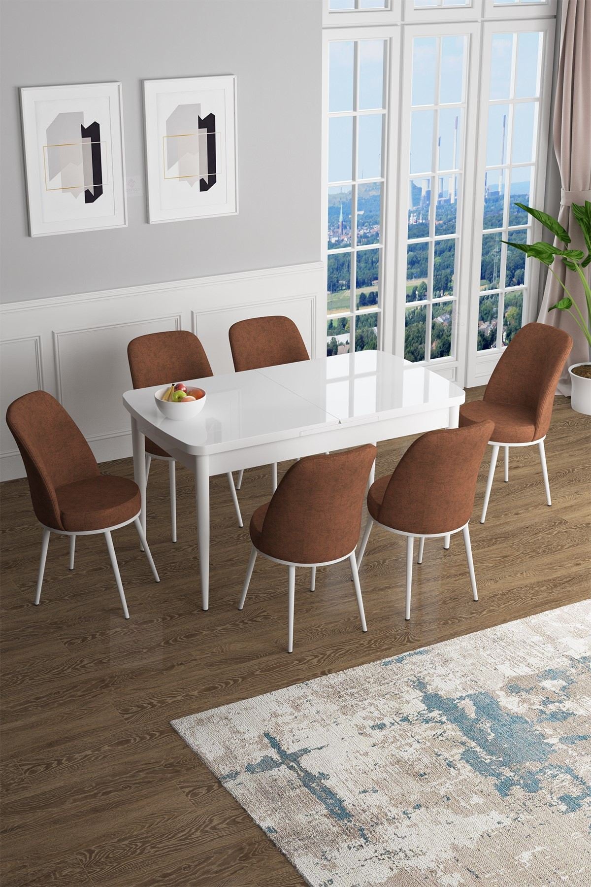 Conjunto de mesa de jantar extensível e cadeiras – 114-144 cm – Branco e Vermelho Telha – MDF e metal