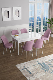 Conjunto de mesa de jantar extensível e cadeiras (7 peças) – 114 cm a 144 cm – Branco e Rosa – MDF e metal