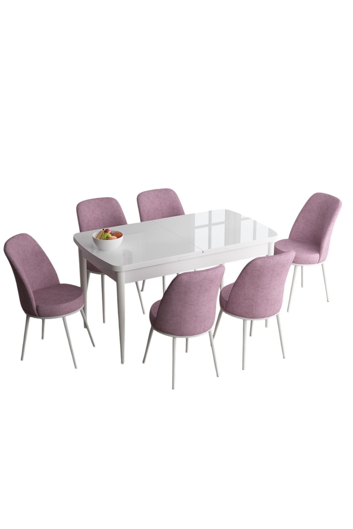 Conjunto de mesa de jantar extensível e cadeiras (7 peças) – 114 cm a 144 cm – Branco e Rosa – MDF e metal