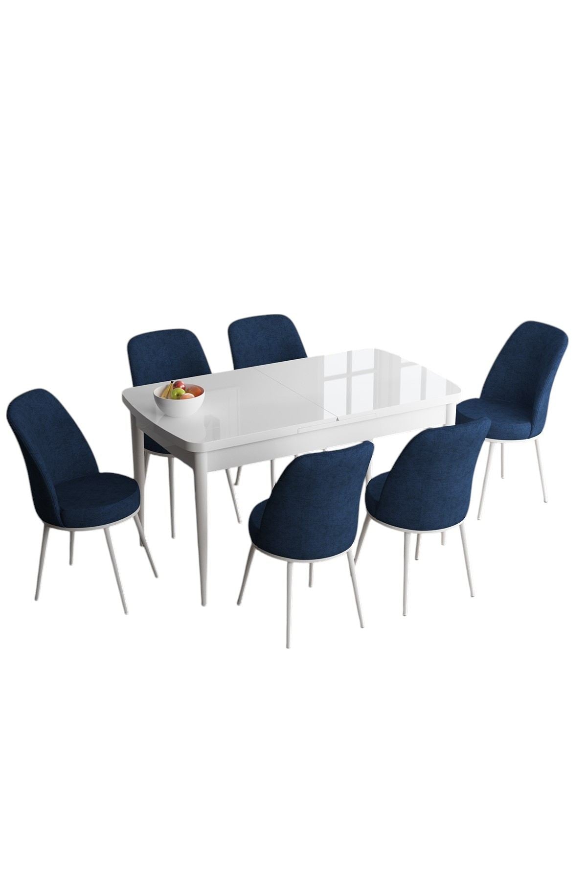 Conjunto de mesa de jantar extensível e cadeiras – 114/144 cm – Branco e Azul-Marinho – MDF/Metal