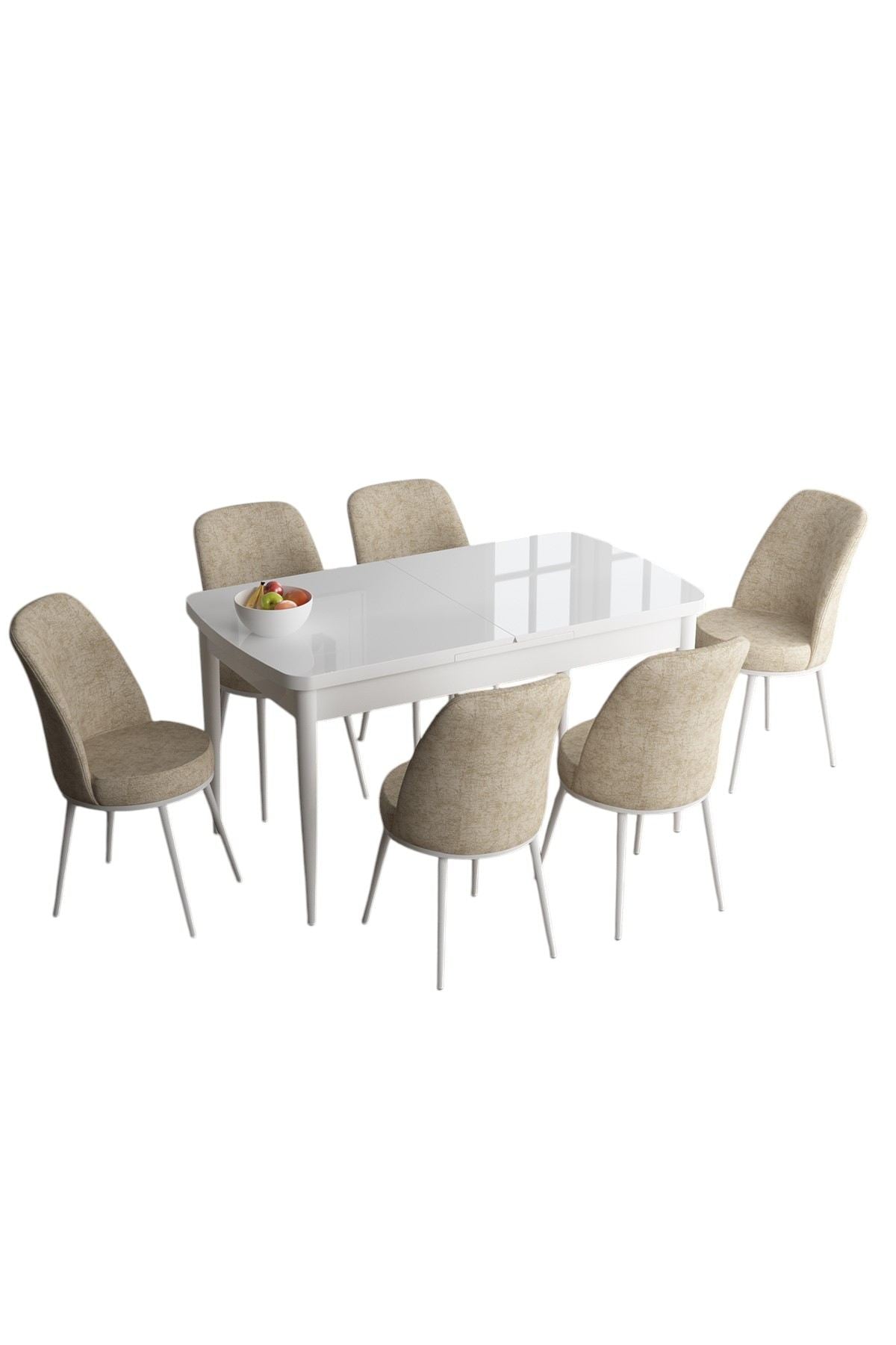 Conjunto de Mesa de Jantar Extensível e Cadeiras (7 peças) – 114 cm a 144 cm – Branco e Creme – MDF e Metal