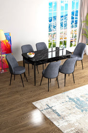 Conjunto de Mesa de Jantar Extensível e Cadeiras (7 Peças) – Largura: 114 cm, Altura: 78 cm, Profundidade: 70 cm – Mármore Preto/Fumaça – MDF com pernas de metal