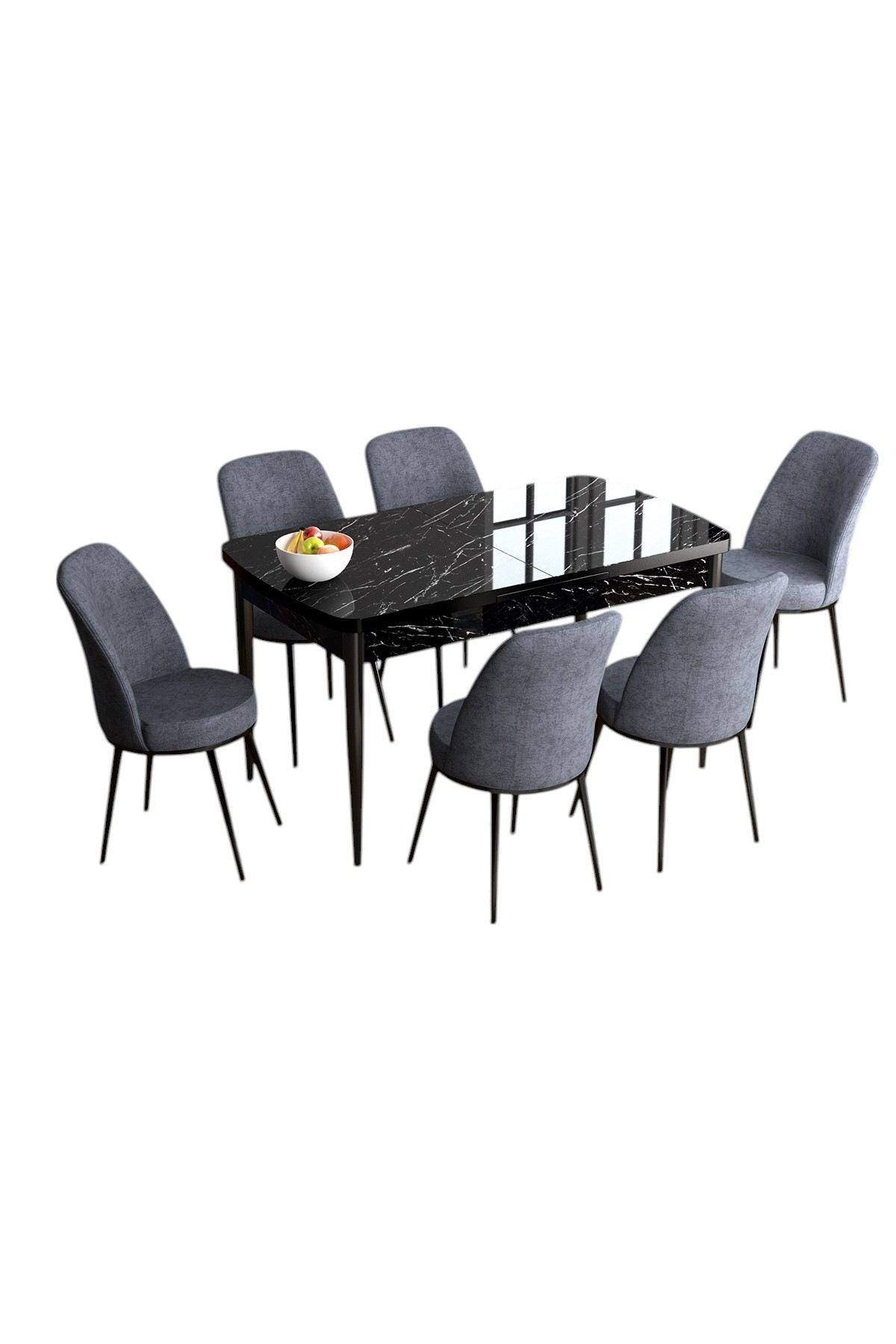 Conjunto de Mesa de Jantar Extensível e Cadeiras (7 Peças) – Largura: 114 cm, Altura: 78 cm, Profundidade: 70 cm – Mármore Preto/Fumaça – MDF com pernas de metal