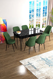Conjunto de mesa de jantar extensível e cadeiras – 114 cm a 144 cm – Mármore Preto e Caqui – MDF e metal