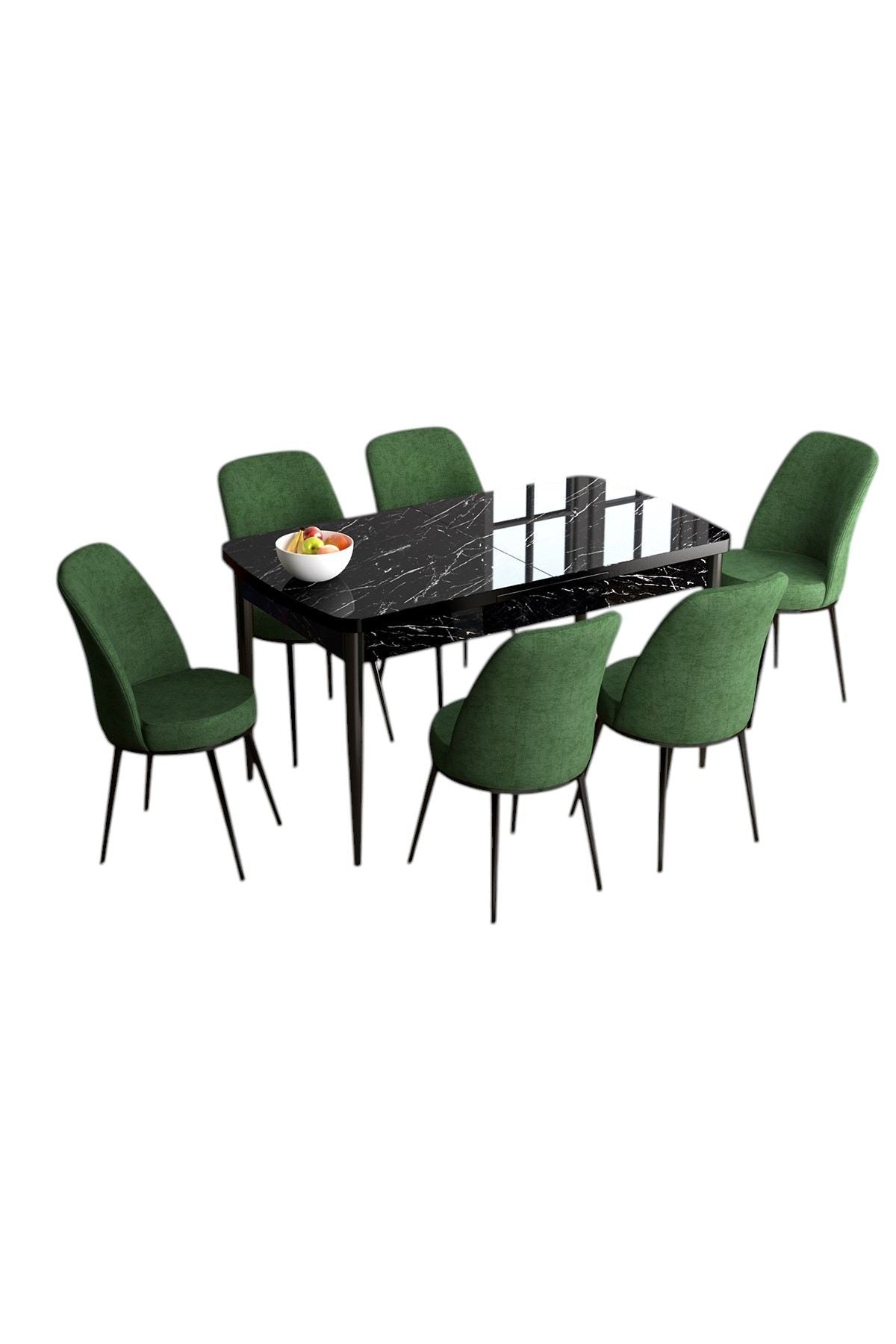 Conjunto de mesa de jantar extensível e cadeiras – 114 cm a 144 cm – Mármore Preto e Caqui – MDF e metal