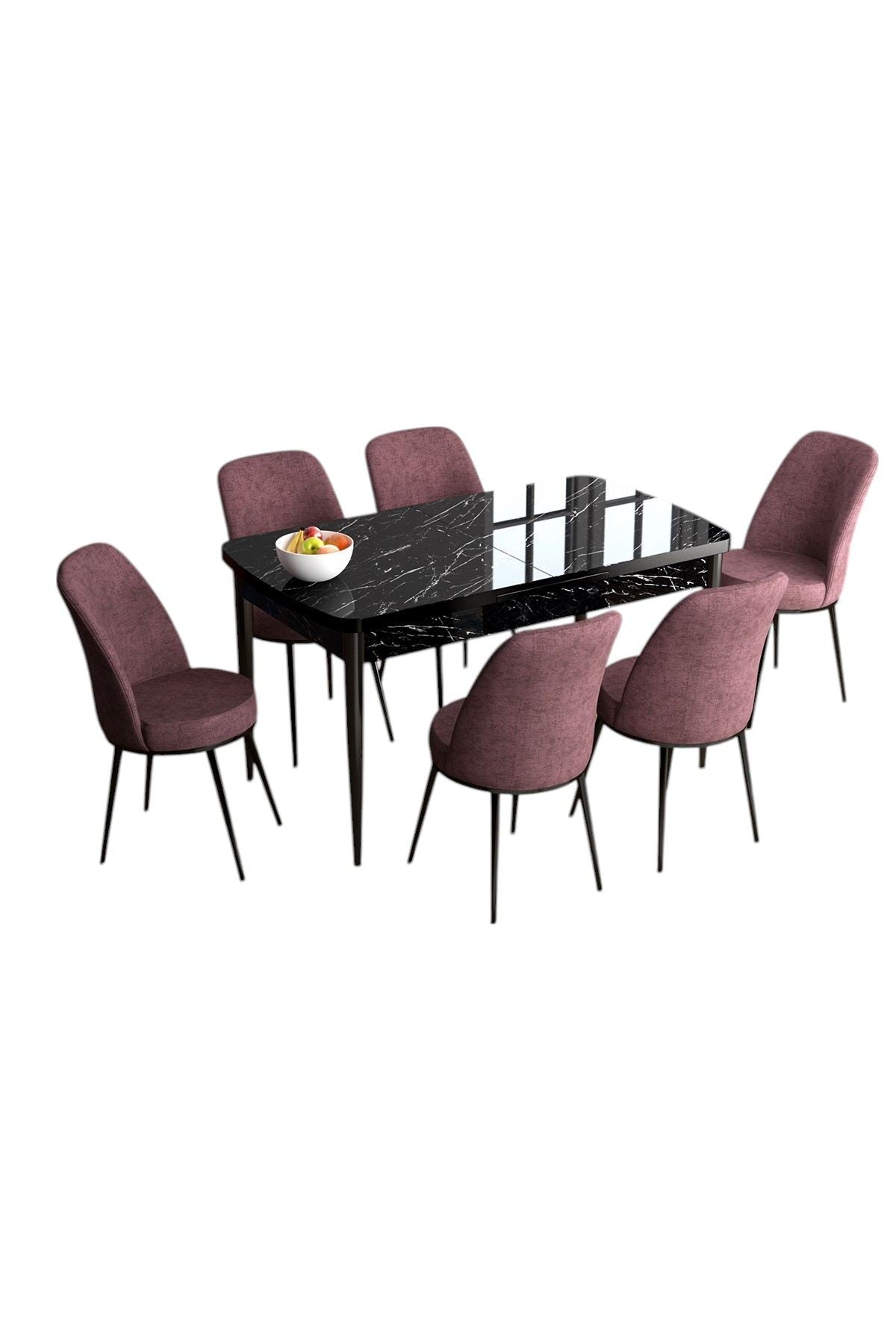 Conjunto de Mesa de Jantar Extensível e Cadeiras (7 peças) – 114 cm x 78 cm x 70 cm (extensível até 144 cm) – Mármore Preto e Rosa Envelhecido – MDF e Metal