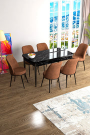 Conjunto de Mesa de Jantar Extensível e Cadeiras – 114 cm largura, 78 cm altura, 70 cm profundidade – Preto Mármore e Vermelho Telha – MDF e Metal