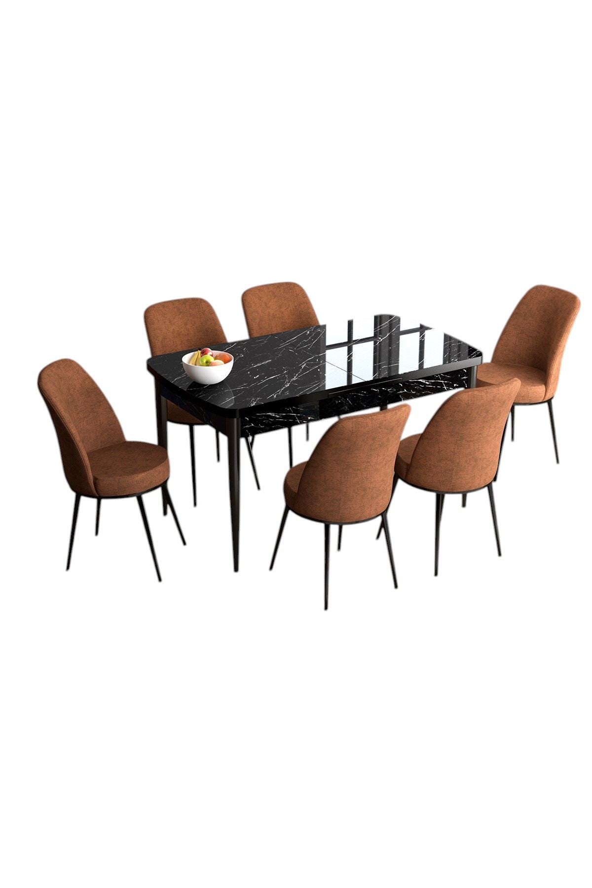 Conjunto de Mesa de Jantar Extensível e Cadeiras – 114 cm largura, 78 cm altura, 70 cm profundidade – Preto Mármore e Vermelho Telha – MDF e Metal