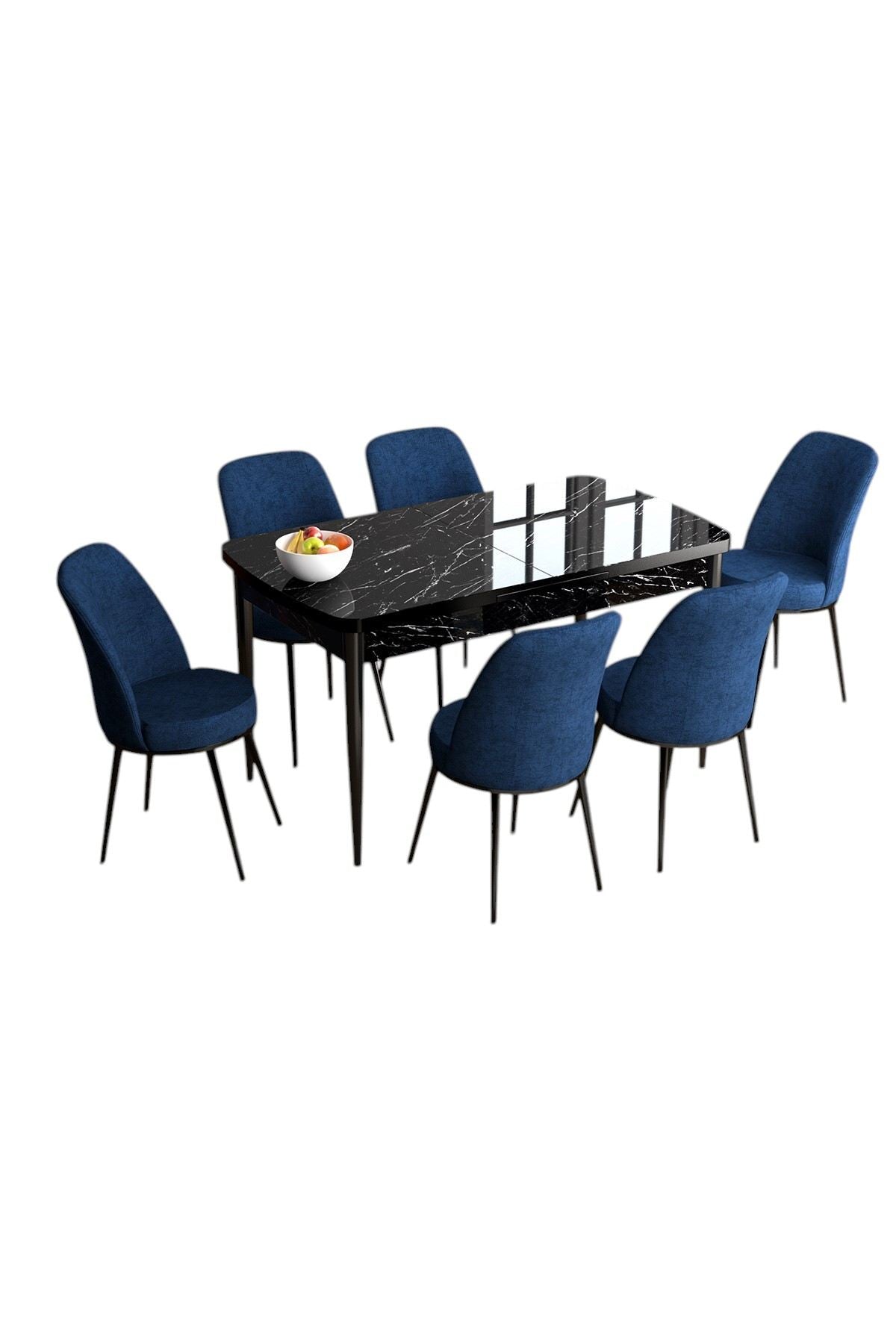Conjunto de Mesa de Jantar Extensível e Cadeiras – 114x70x78 cm (extensível a 144 cm) – Preto Mármore e Azul Marinho – MDF com Pernas de Metal