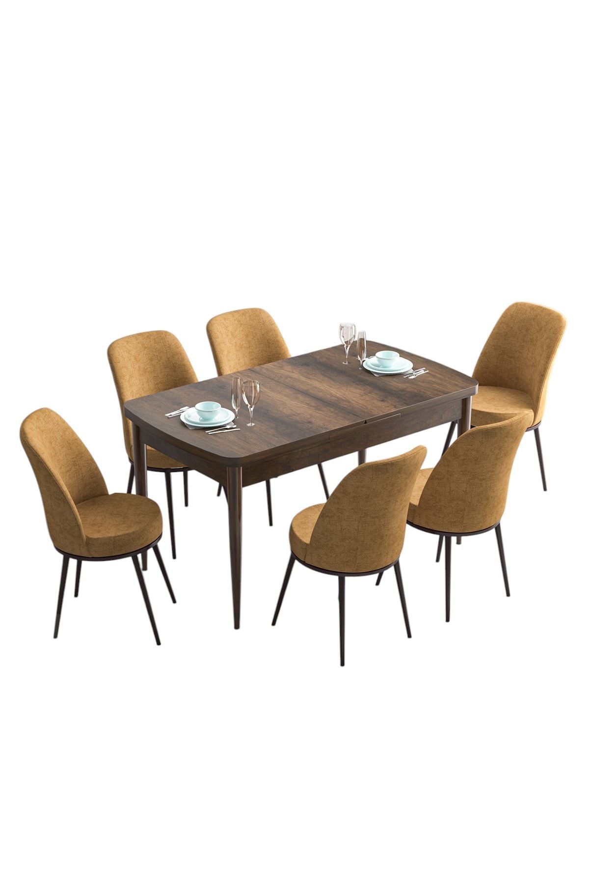 Conjunto de mesa de jantar extensível e cadeiras (7 peças) – 114 cm / 144 cm – Barroco e Cappuccino – MDF e metal