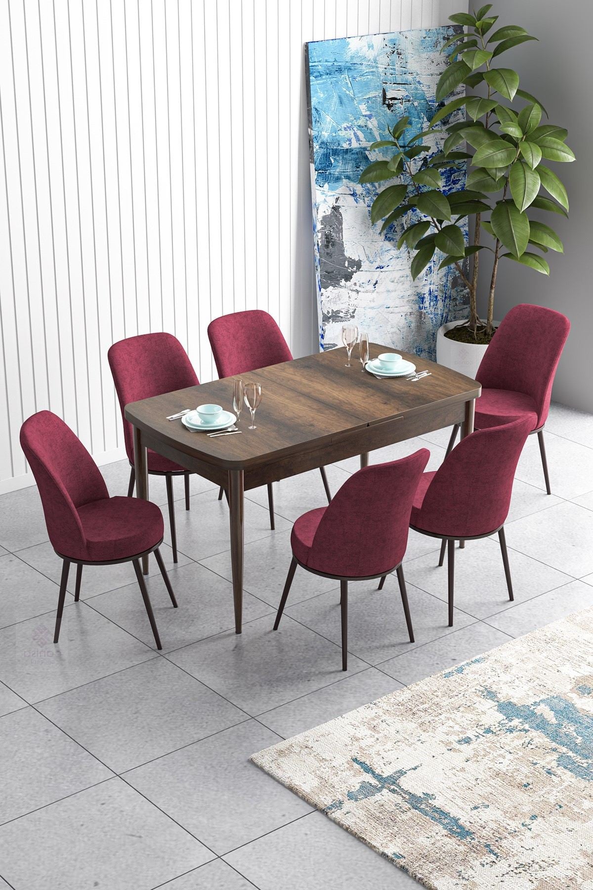 Conjunto de Mesa de Jantar Extensível e Cadeiras (7 peças) – 114 cm a 144 cm (Largura) – Barroco/Burgundy – MDF e Metal