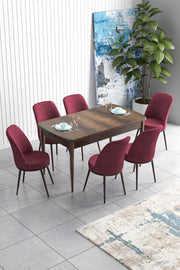 Conjunto de Mesa de Jantar Extensível e Cadeiras (7 peças) – 114 cm a 144 cm (Largura) – Barroco/Burgundy – MDF e Metal