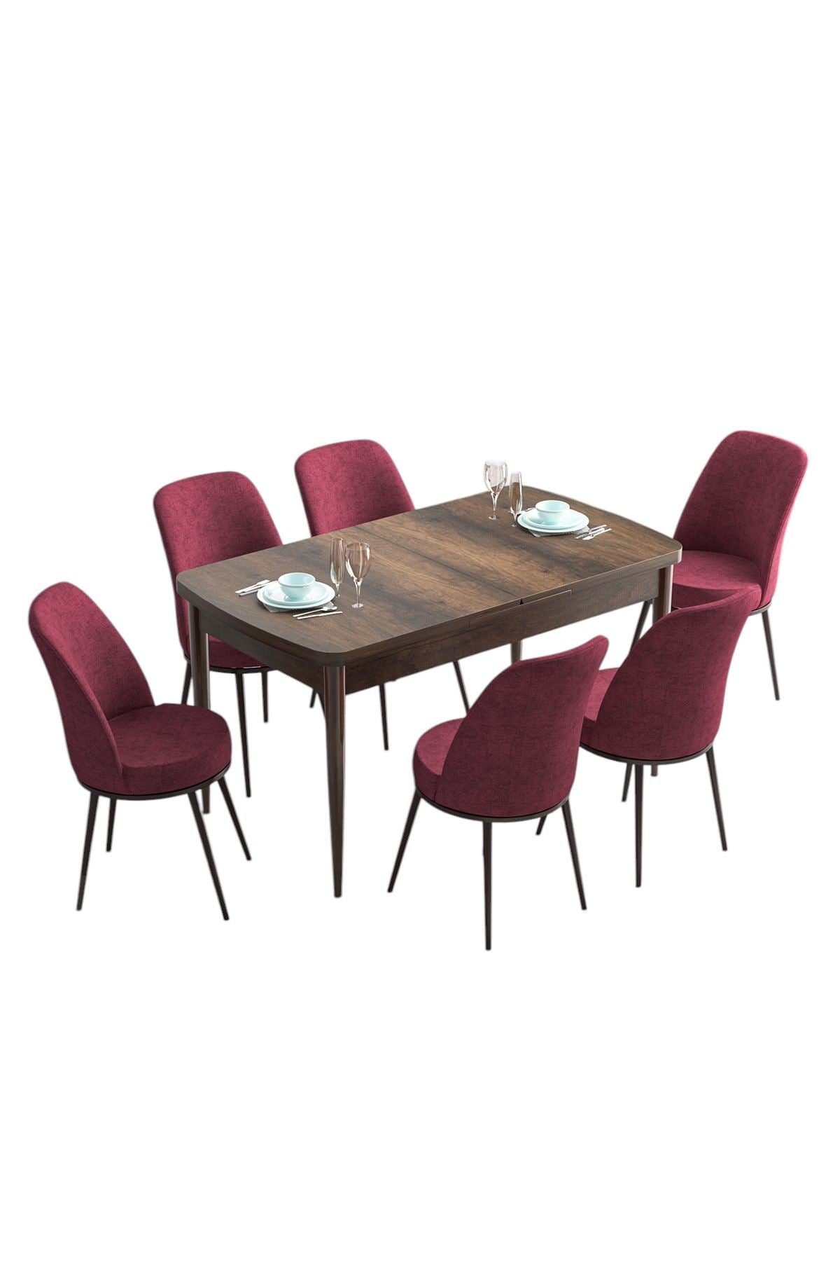 Conjunto de Mesa de Jantar Extensível e Cadeiras (7 peças) – 114 cm a 144 cm (Largura) – Barroco/Burgundy – MDF e Metal