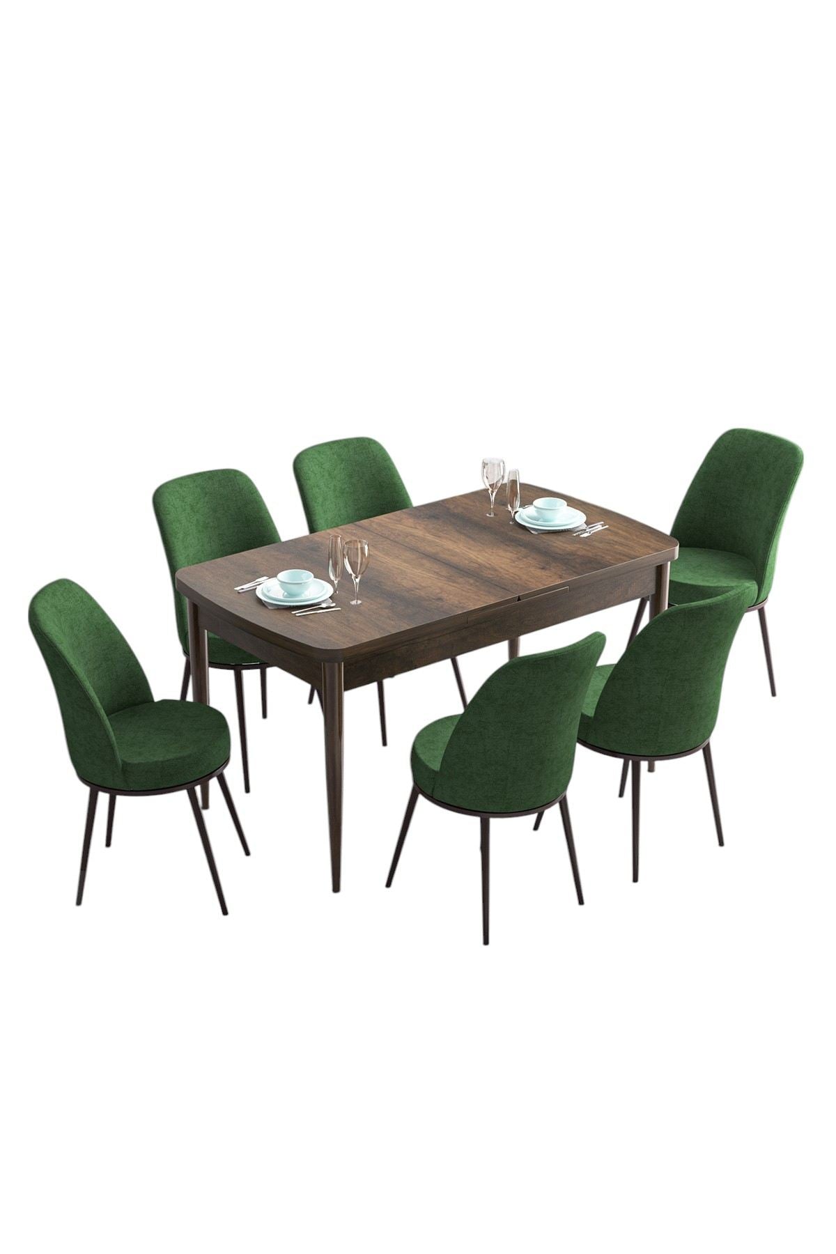 Conjunto de mesa de jantar extensível com cadeiras (7 peças) – 114 cm a 144 cm – Caqui – MDF e metal