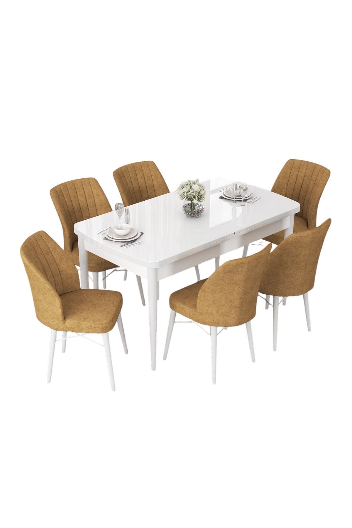 Conjunto de mesa de jantar extensível e cadeiras – 114 cm x 78 cm x 70 cm – Branco e Cappuccino – MDF e Metal
