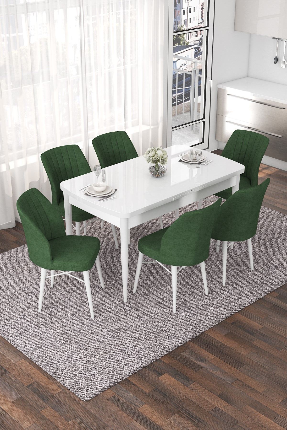 Conjunto de mesa de jantar extensível e cadeiras – 114x70 cm (aberta 144 cm) – Branco e Cáqui – MDF e metal