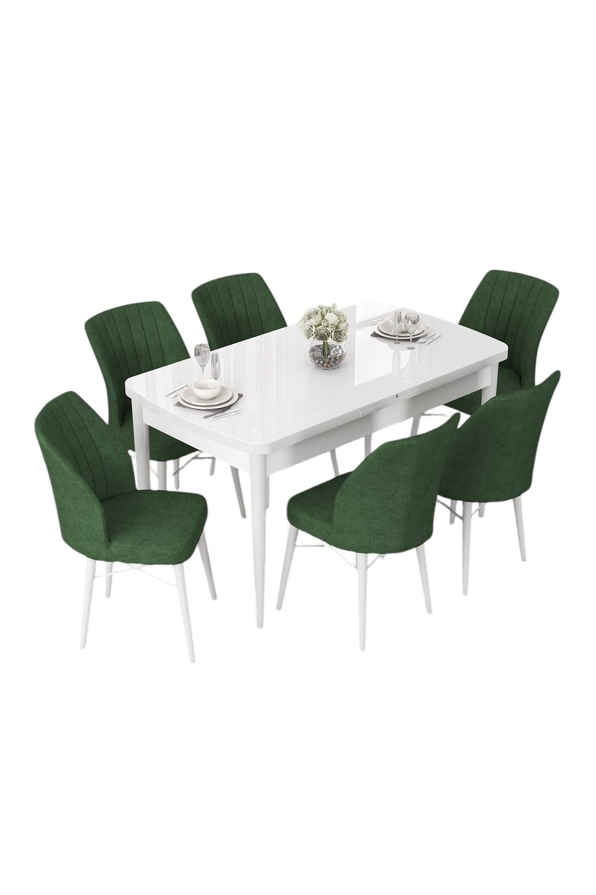 Conjunto de mesa de jantar extensível e cadeiras – 114x70 cm (aberta 144 cm) – Branco e Cáqui – MDF e metal