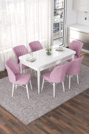 Conjunto de mesa de jantar extensível e cadeiras (7 peças) – 114 cm x 70 cm x 78 cm – Branco e Rosa – MDF e Metal