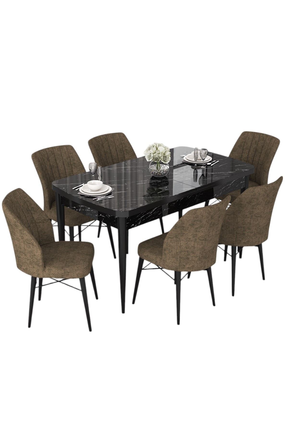 Conjunto de Mesa de Jantar Extensível e Cadeiras (7 peças) – 114 cm a 144 cm – Preto e Marrom – MDF e Metal