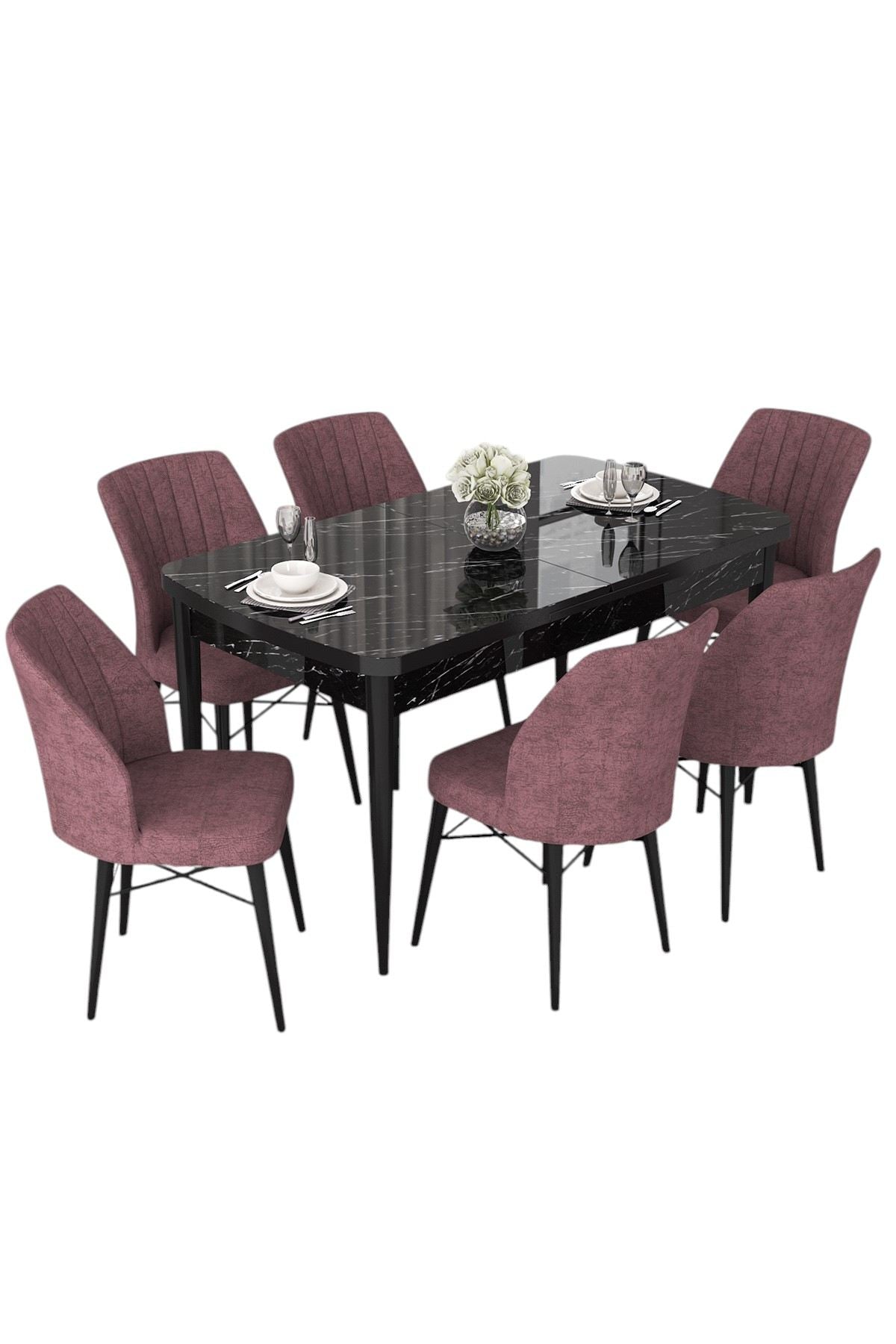 Conjunto de Mesa de Jantar Extensível e Cadeiras (7 peças) – 114x70x78 cm (aberta: 144 cm) – Mármore Preto e Rosa Pálido – MDF e Metal