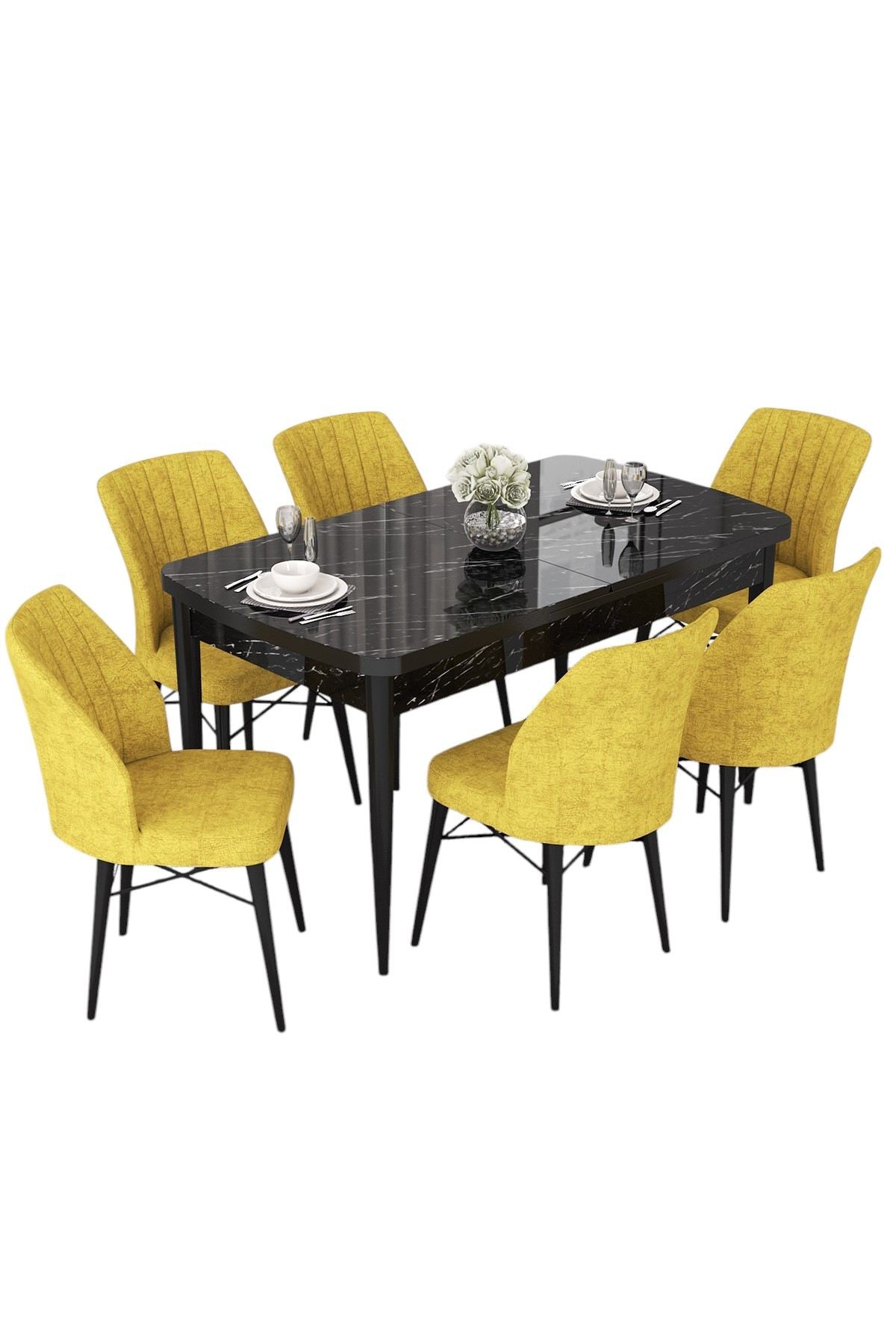 Conjunto de Mesa de Jantar Extensível e Cadeiras (7 peças) – 114/144 cm – Preto Mármore e Mostarda – MDF e Metal