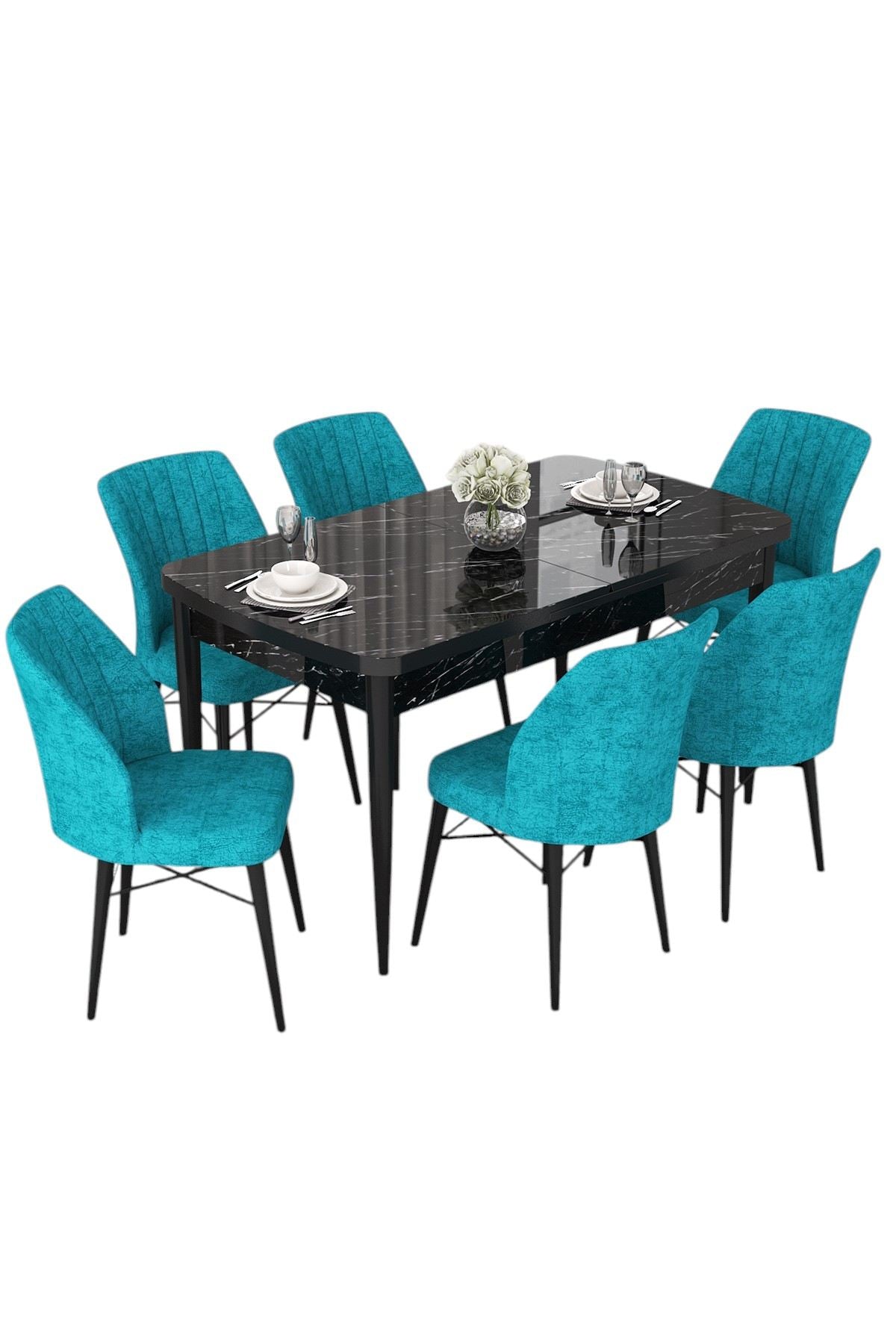 Conjunto de mesa de jantar extensível e cadeiras – 114x70 cm (aberta 144x70 cm) – Mármore Preto e Turquesa – MDF e Metal