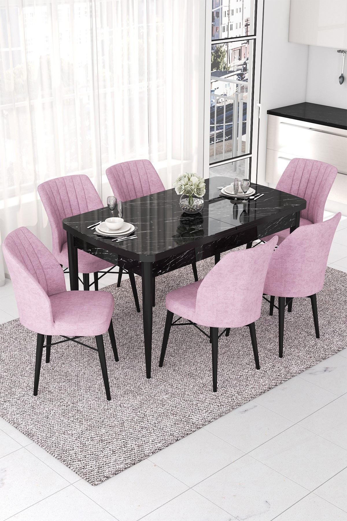 Conjunto de mesa de jantar extensível e cadeiras – 114x70x78cm (mesa fechada) – Mármore Preto e Rosa – MDF e madeira