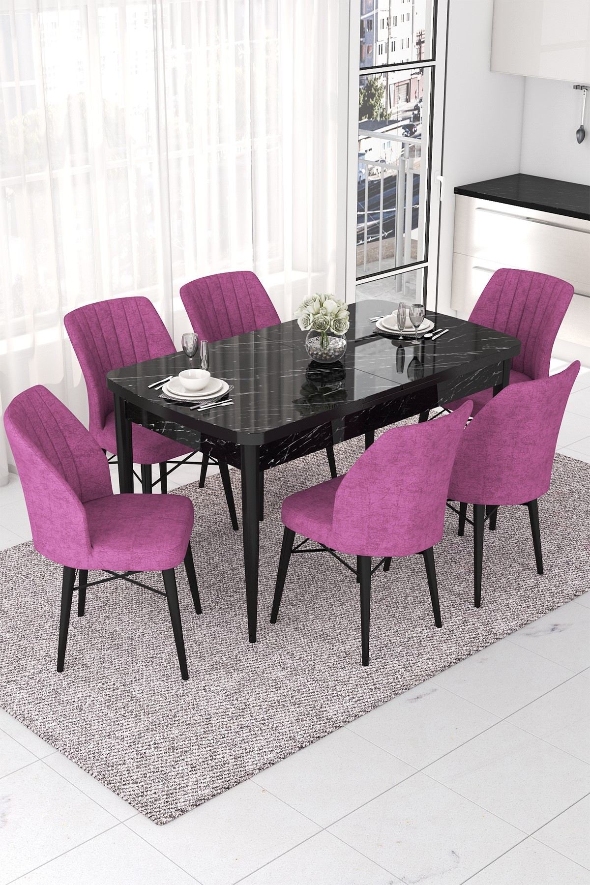 Conjunto de mesa de jantar extensível e cadeiras (7 peças) – 114 cm largura – Preto Mármore e Roxo – MDF com pernas de madeira