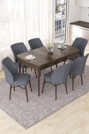Conjunto de mesa de jantar extensível e cadeiras (7 peças) – 114 cm largura, 78 cm altura, 70 cm profundidade – Barroca e Fuma – MDF e metal