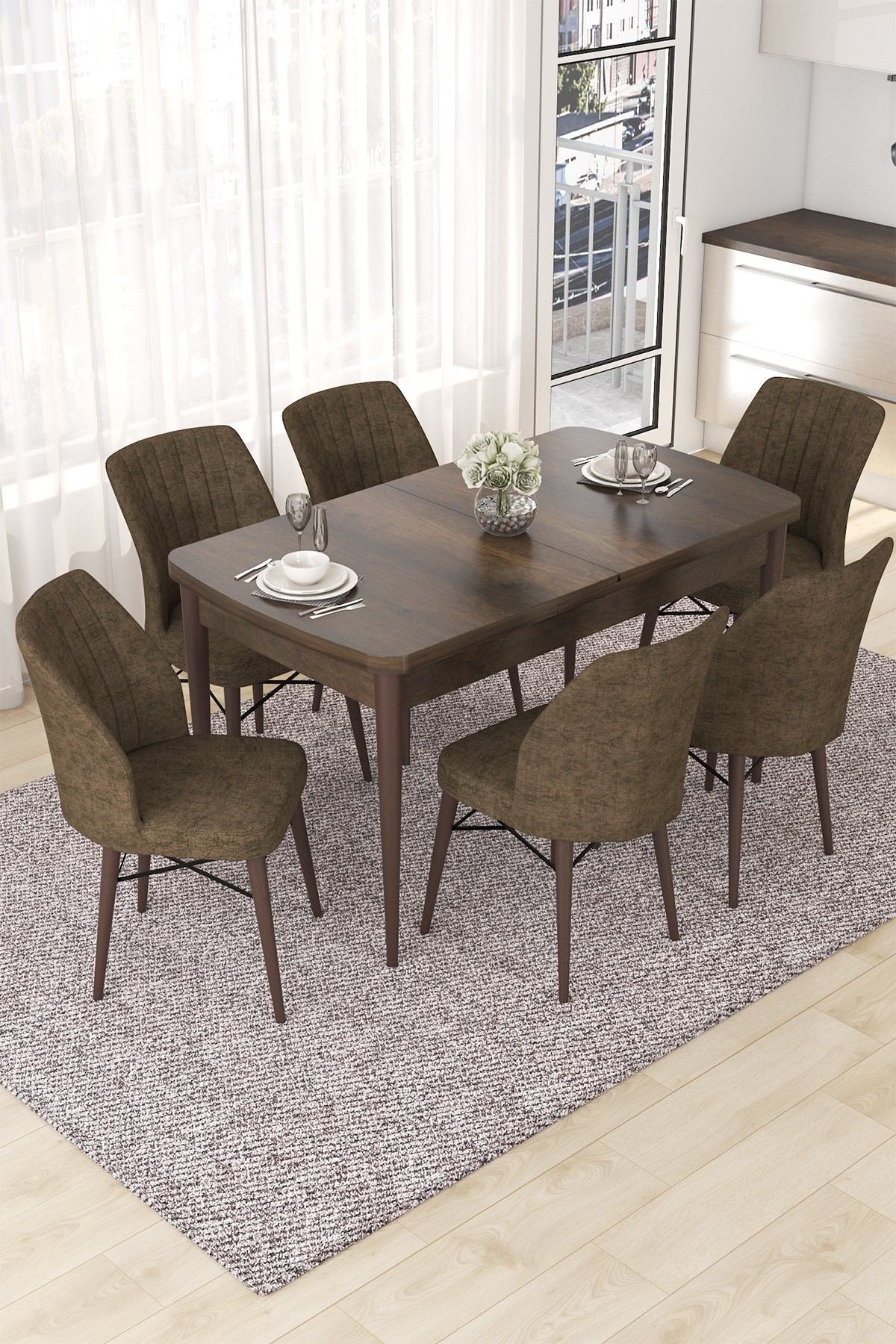 Conjunto de Mesa de Jantar Extensível e Cadeiras (7 Peças) – 114 cm/144 cm – Marrom/Barroco – MDF com Pernas de Madeira e Estrutura de Metal