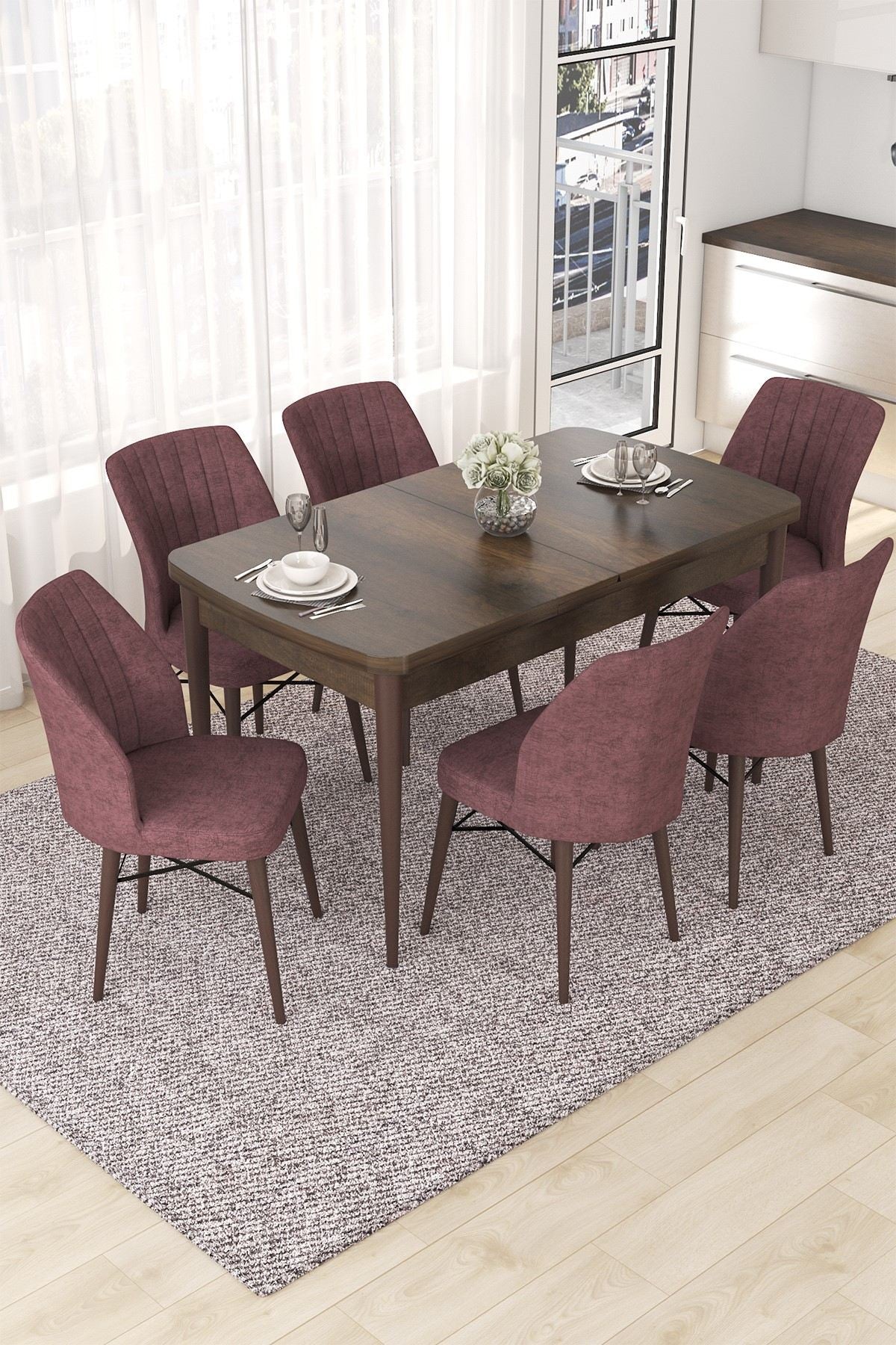 Conjunto de mesa de jantar extensível e cadeiras (7 peças) – 114 cm x 78 cm x 70 cm – Rosa Empoeirado – MDF e metal