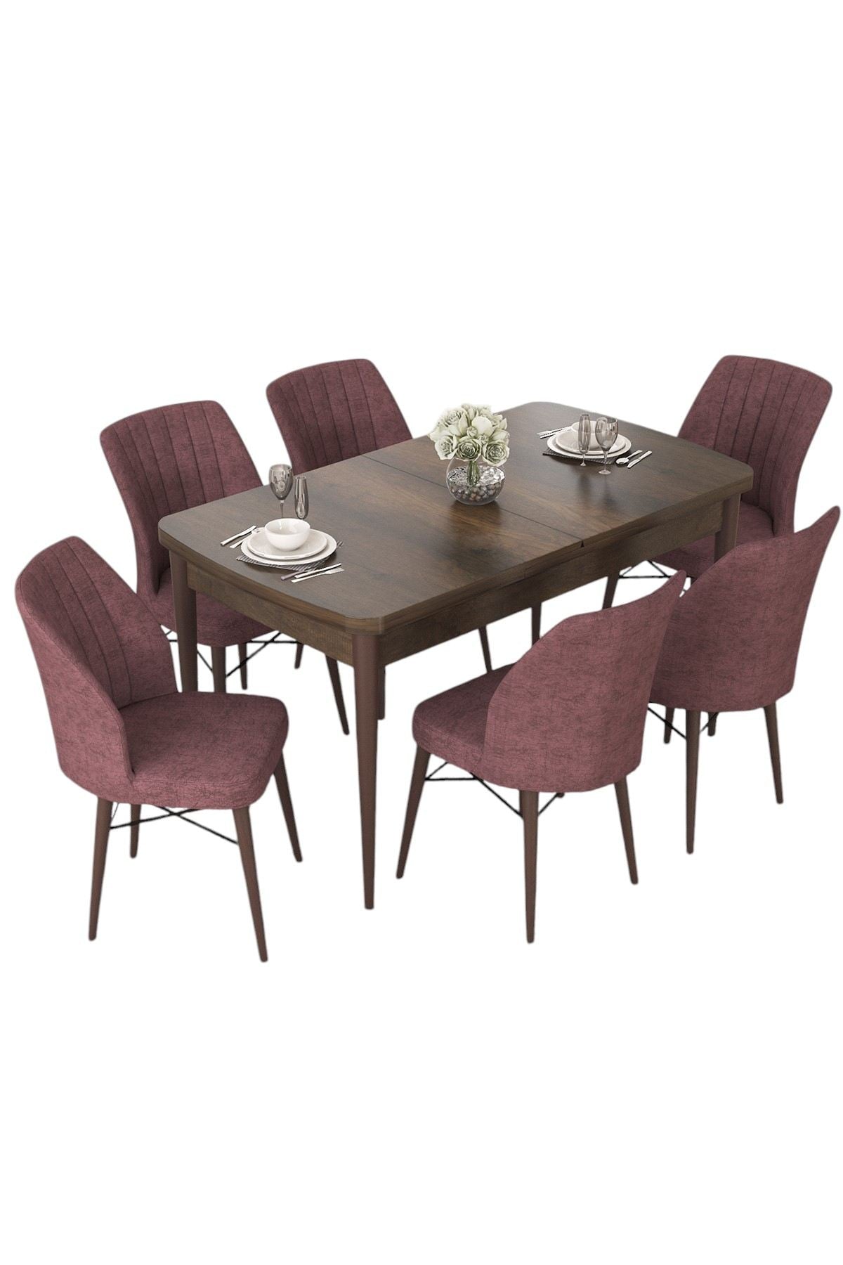 Conjunto de mesa de jantar extensível e cadeiras (7 peças) – 114 cm x 78 cm x 70 cm – Rosa Empoeirado – MDF e metal
