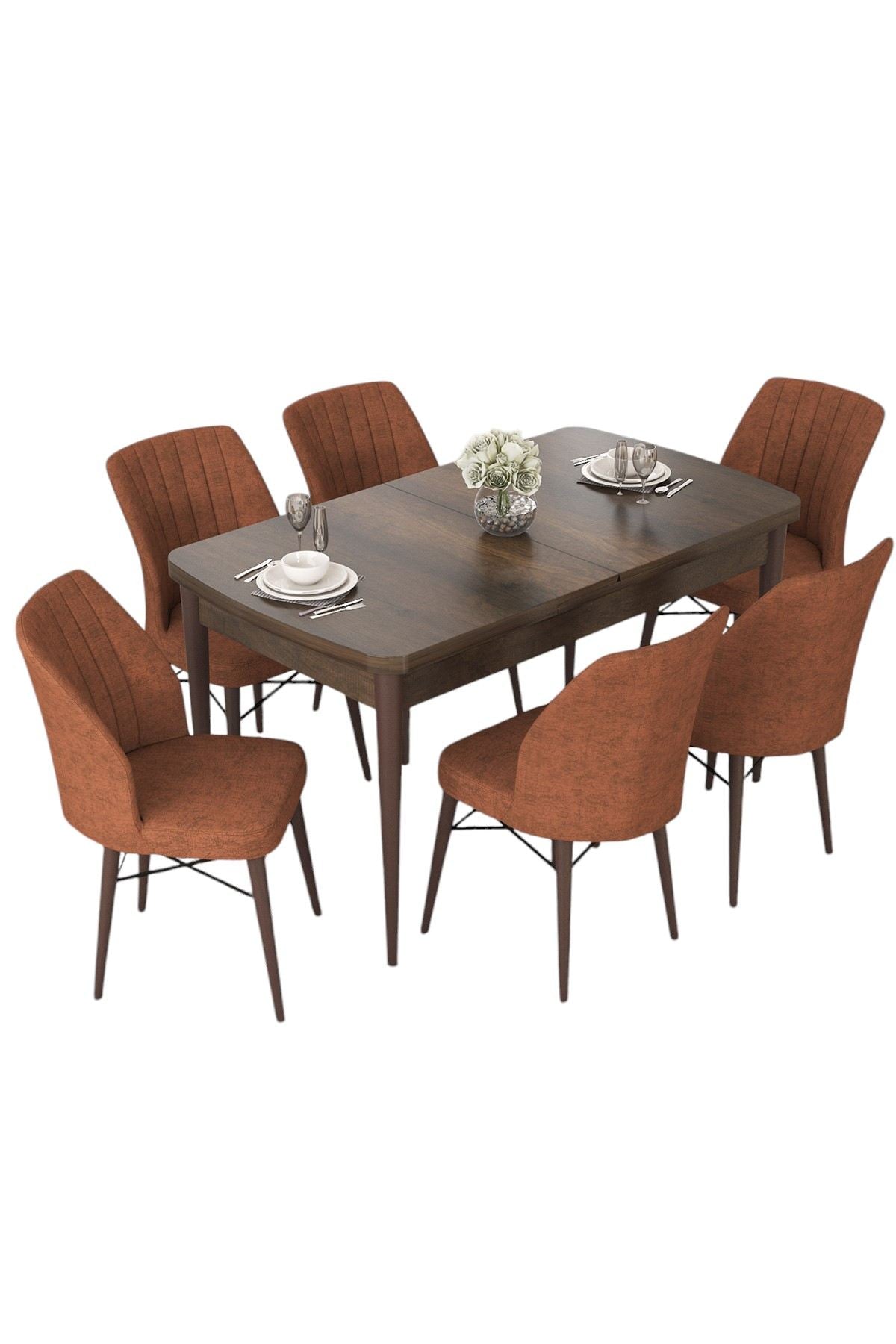 Conjunto de Mesa de Jantar Extensível e Cadeiras (7 Peças) – 114x70x78 cm aberto 144 cm – Barroco e Vermelho Telha – MDF e Metal