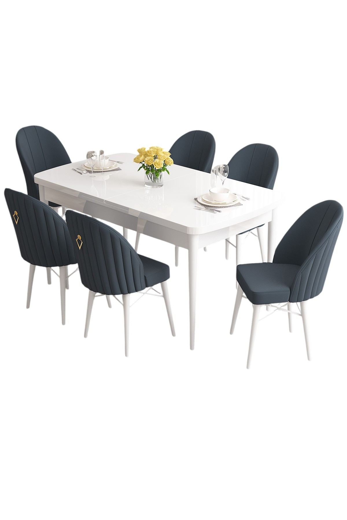 Conjunto de mesa de jantar extensível e cadeiras (7 peças) – 132 cm x 78 cm x 80 cm – Branco e Antracite – MDF e madeira