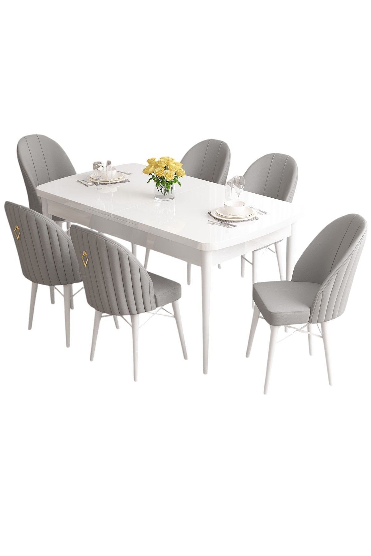 Conjunto de mesa de jantar extensível e cadeiras (7 peças) – 132 cm x 80 cm x 78 cm – Branco e Cinza – MDF, Metal, Tecido Babyface