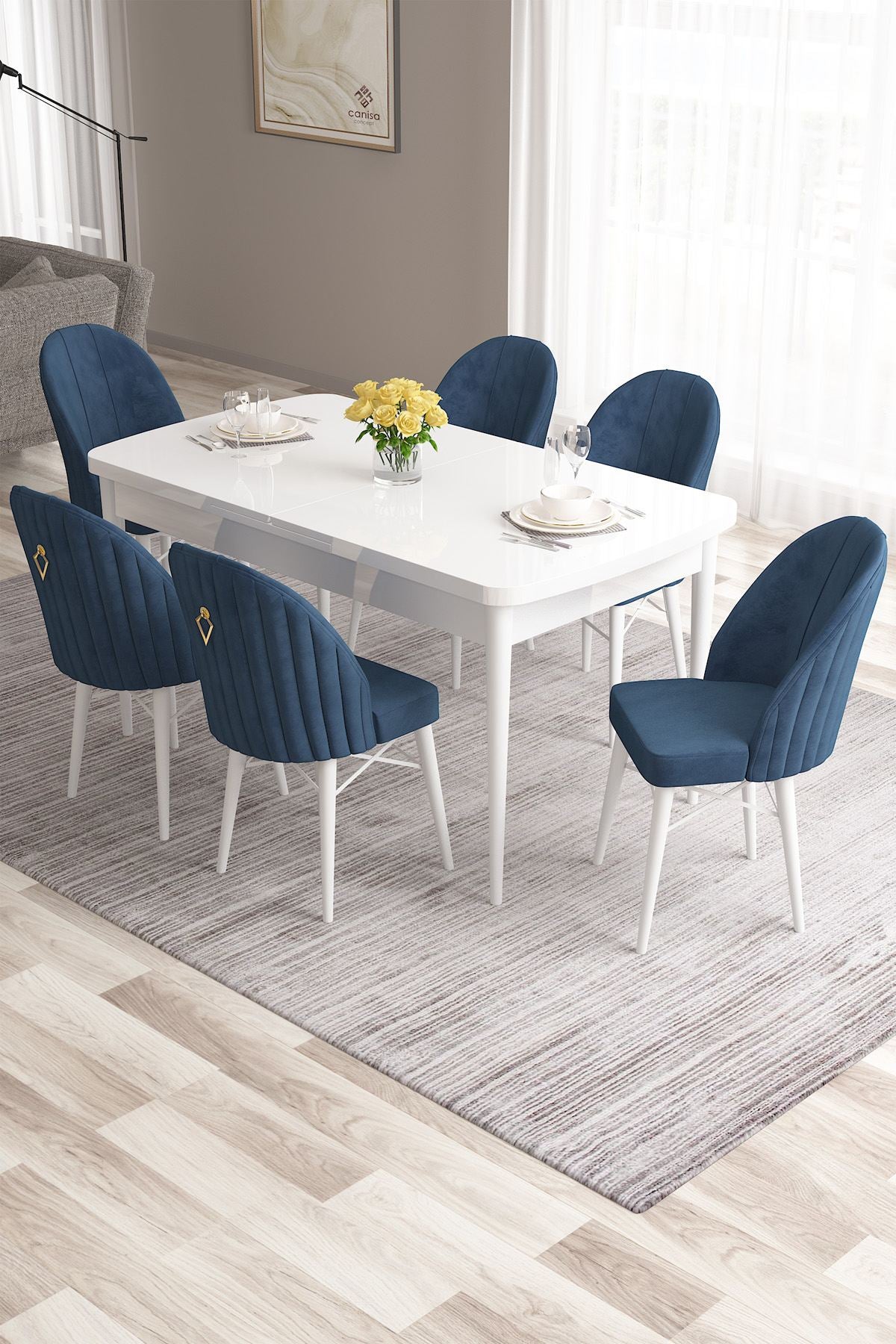 Conjunto de mesa de jantar extensível e cadeiras (7 peças) – 132 cm a 170 cm – Branco e Azul Marinho – MDF com pernas de madeira