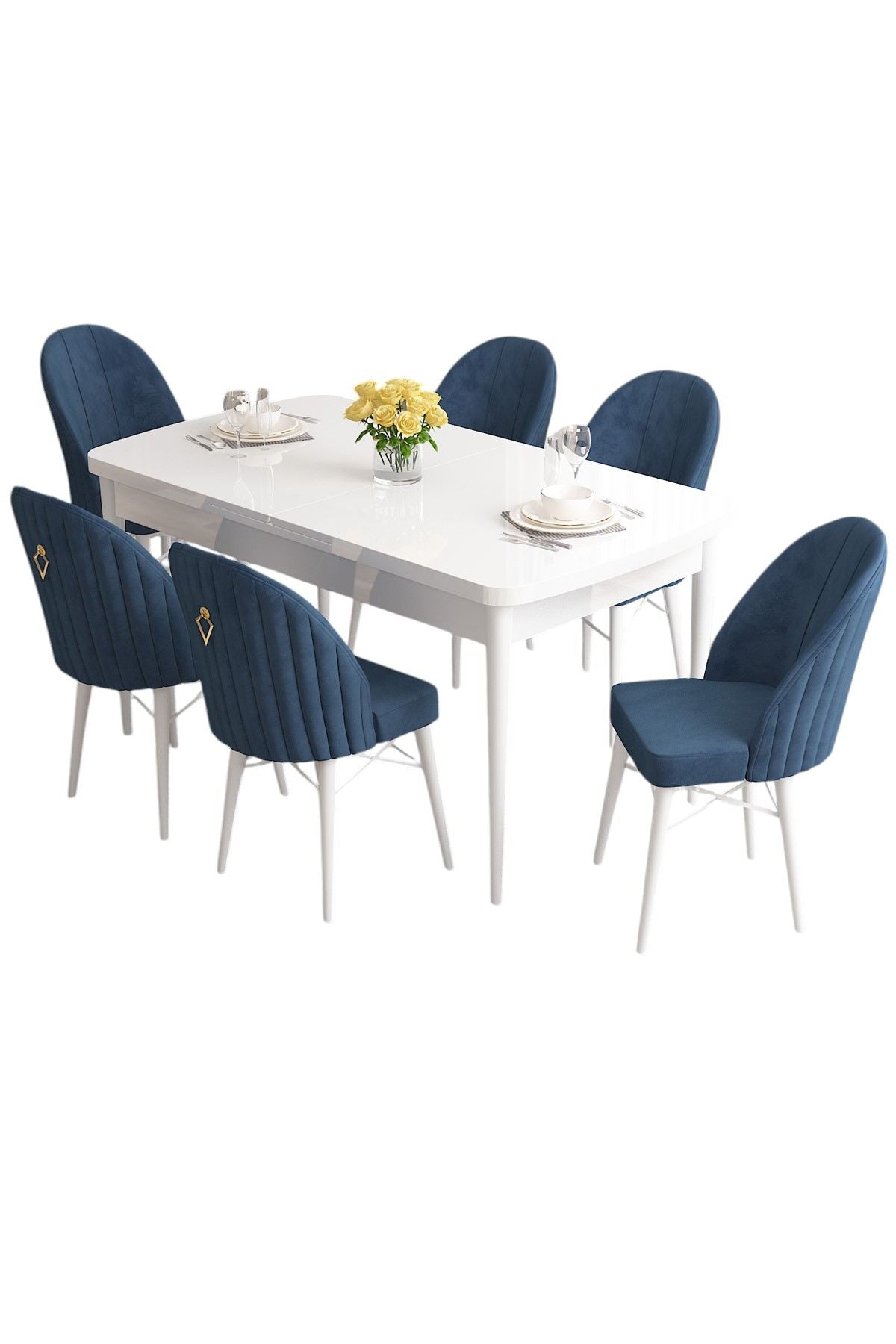 Conjunto de mesa de jantar extensível e cadeiras (7 peças) – 132 cm a 170 cm – Branco e Azul Marinho – MDF com pernas de madeira