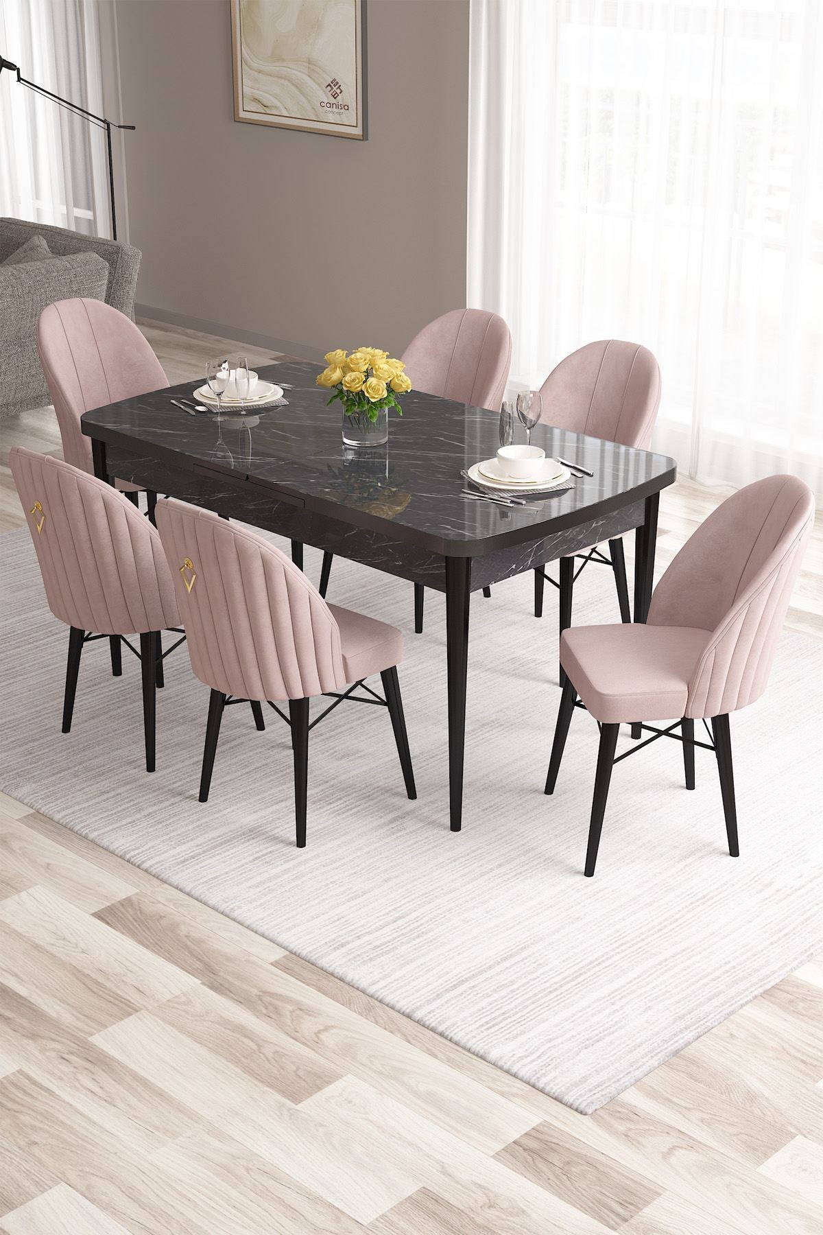 Conjunto de mesa de jantar extensível e cadeiras – 132 cm x 80 cm – Preto Mármore e Rosa – MDF e metal