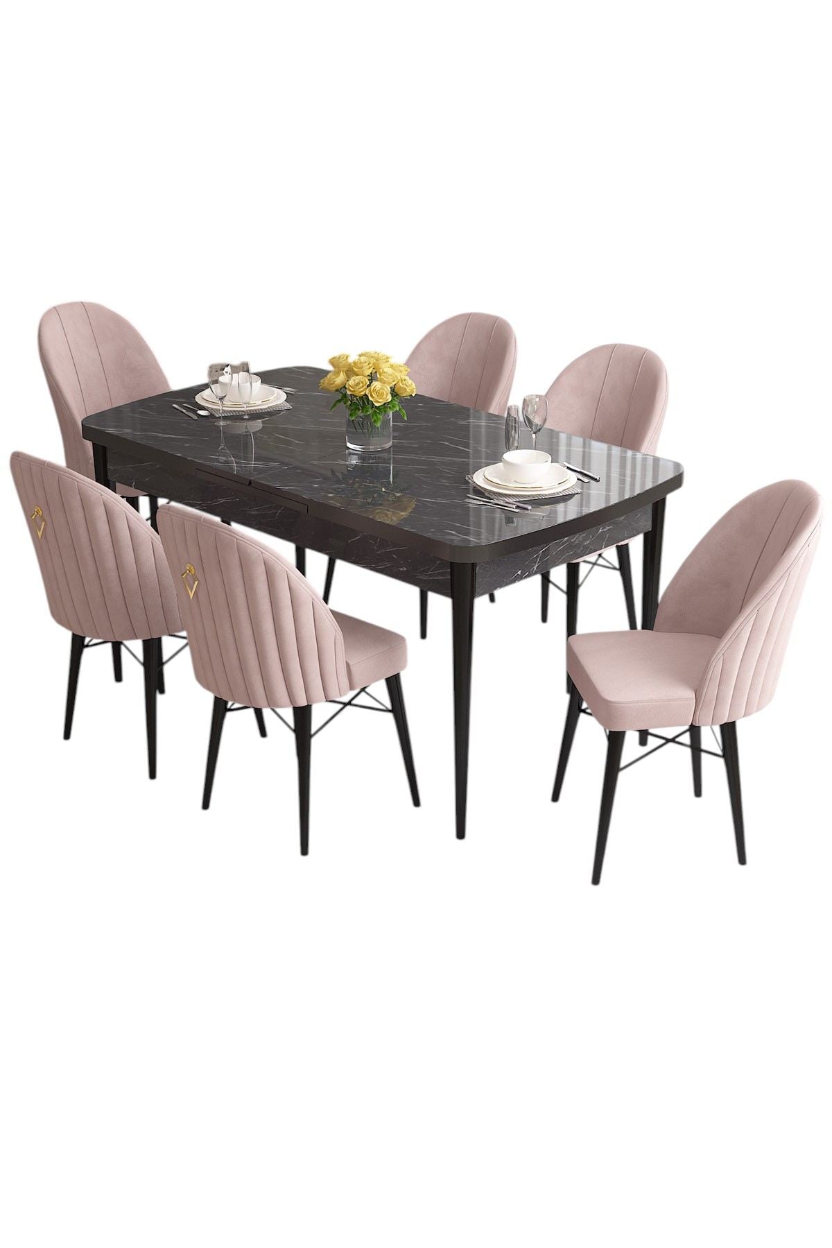Conjunto de mesa de jantar extensível e cadeiras – 132 cm x 80 cm – Preto Mármore e Rosa – MDF e metal