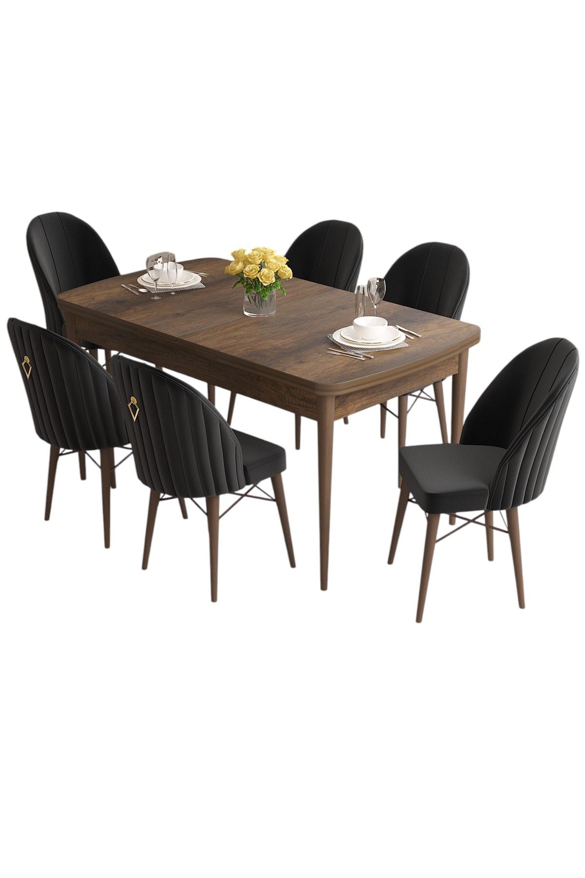 Conjunto de mesa de jantar extensível e cadeiras – 132 cm x 80 cm x 78 cm – Barroca e Preta – MDF e metálico