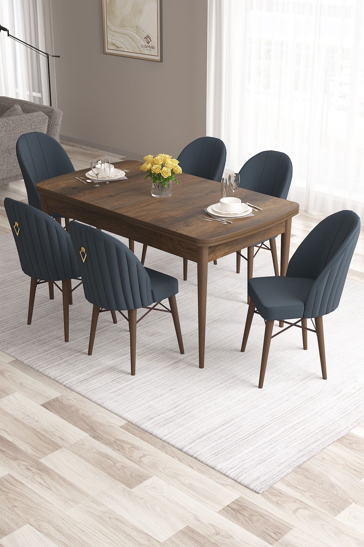 Conjunto de mesa de jantar extensível e cadeiras – 132 cm (170 cm quando estendida) – Barroca e Antracite – MDF e metal