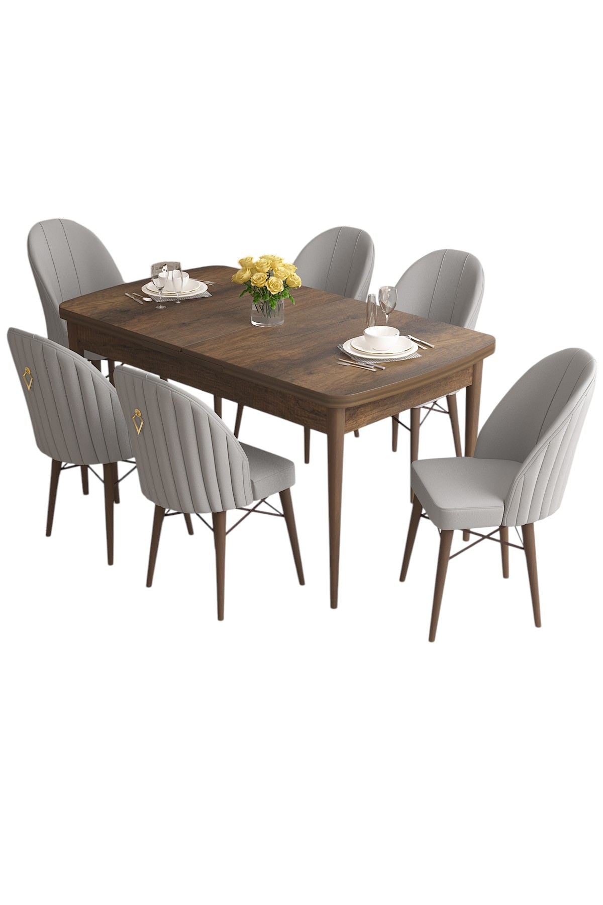Conjunto de mesa de jantar extensível e cadeiras (7 peças) – 132 cm x 78 cm x 80 cm – Cinza – MDF e Metal
