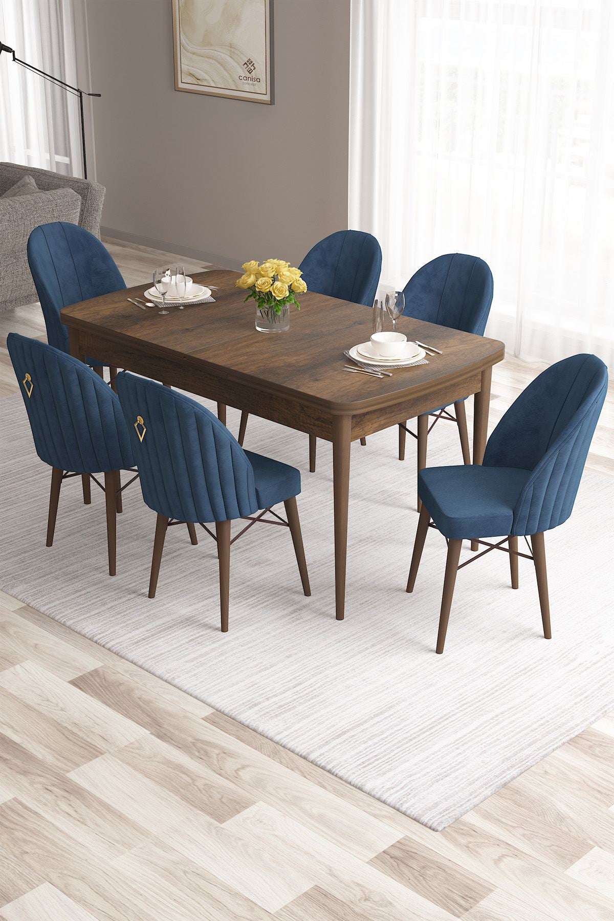 Conjunto de mesa de jantar extensível e cadeiras (7 peças) – 132 cm x 80 cm x 78 cm – Azul Marinho – MDF e metal