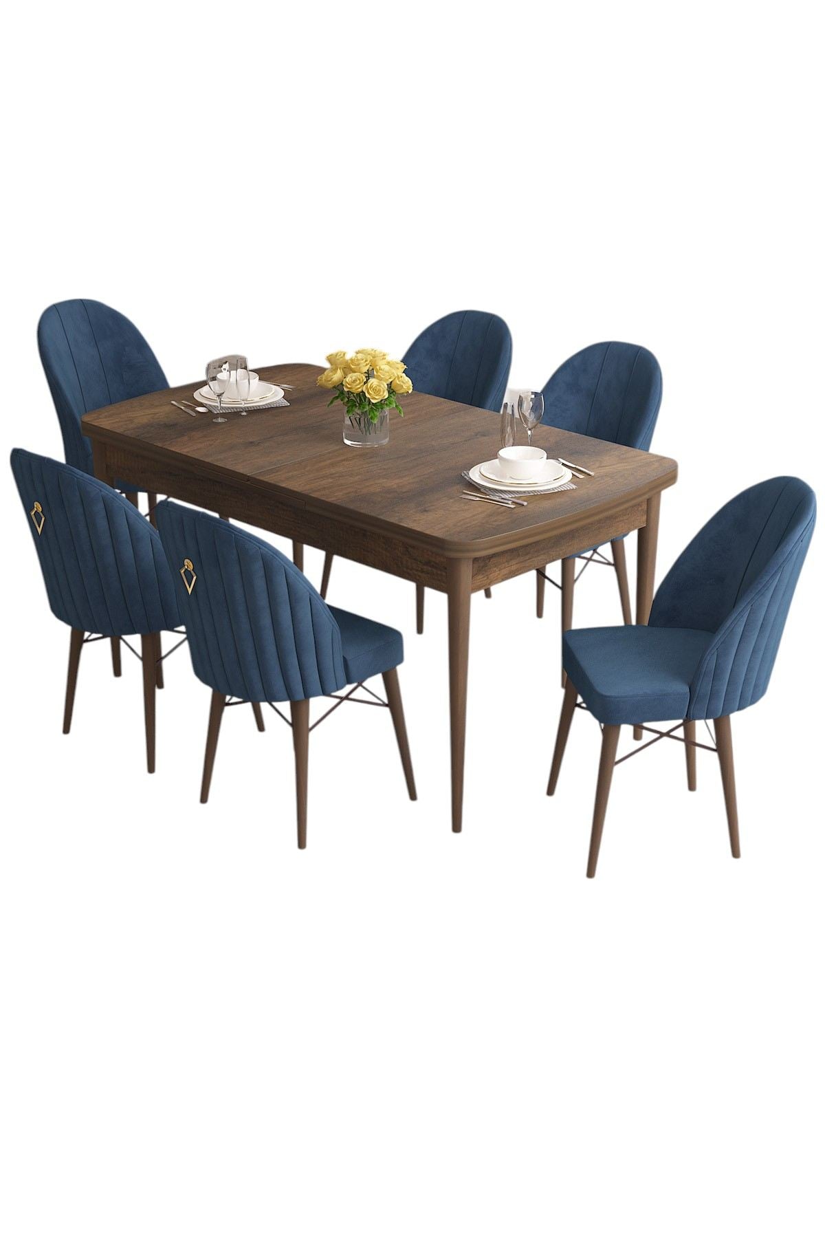 Conjunto de mesa de jantar extensível e cadeiras (7 peças) – 132 cm x 80 cm x 78 cm – Azul Marinho – MDF e metal