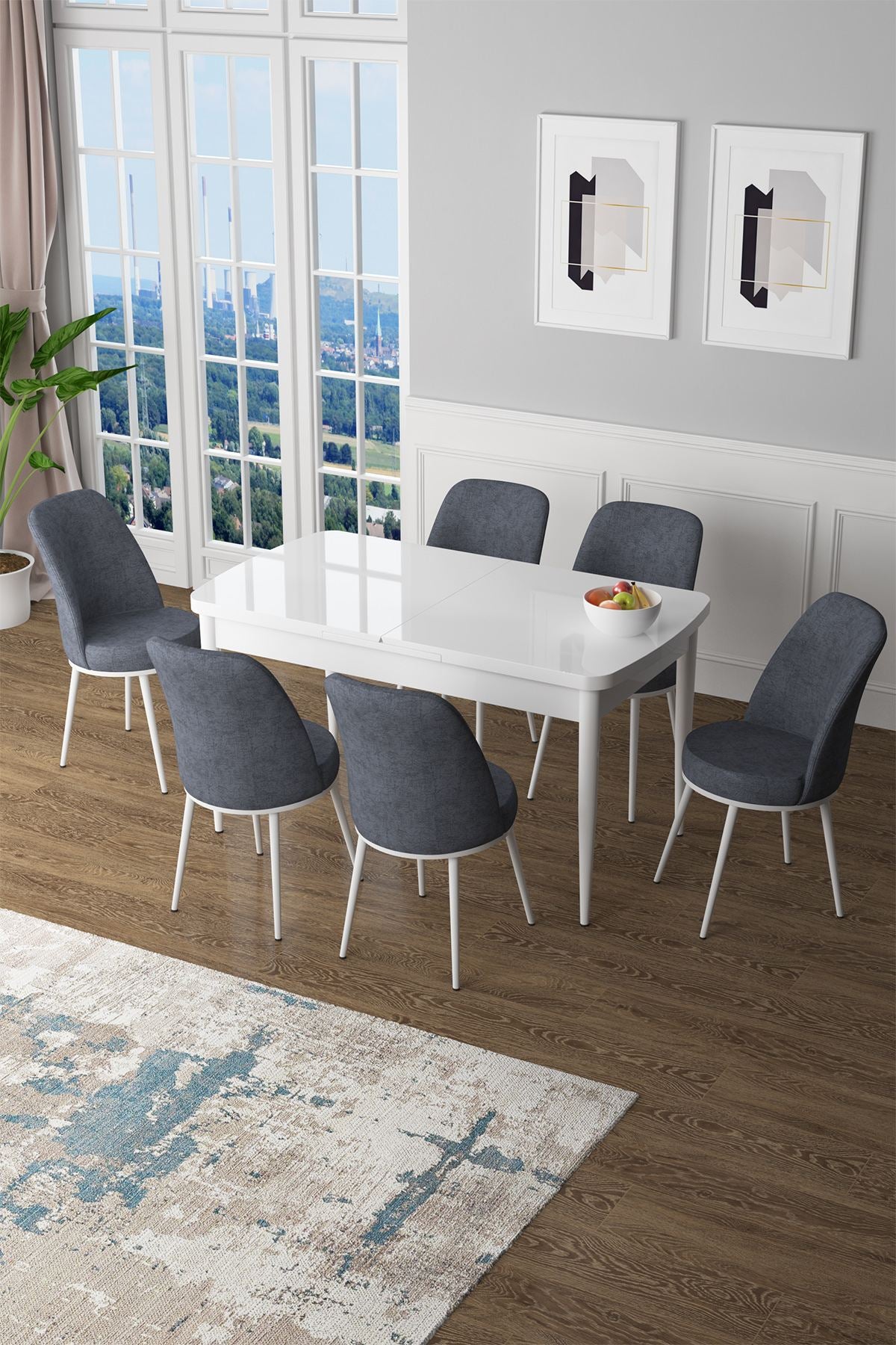 Conjunto de Mesa de Jantar Extensível e Cadeiras – 132x80x78 cm (mesa) – Branco e Fumê – MDF e Metal