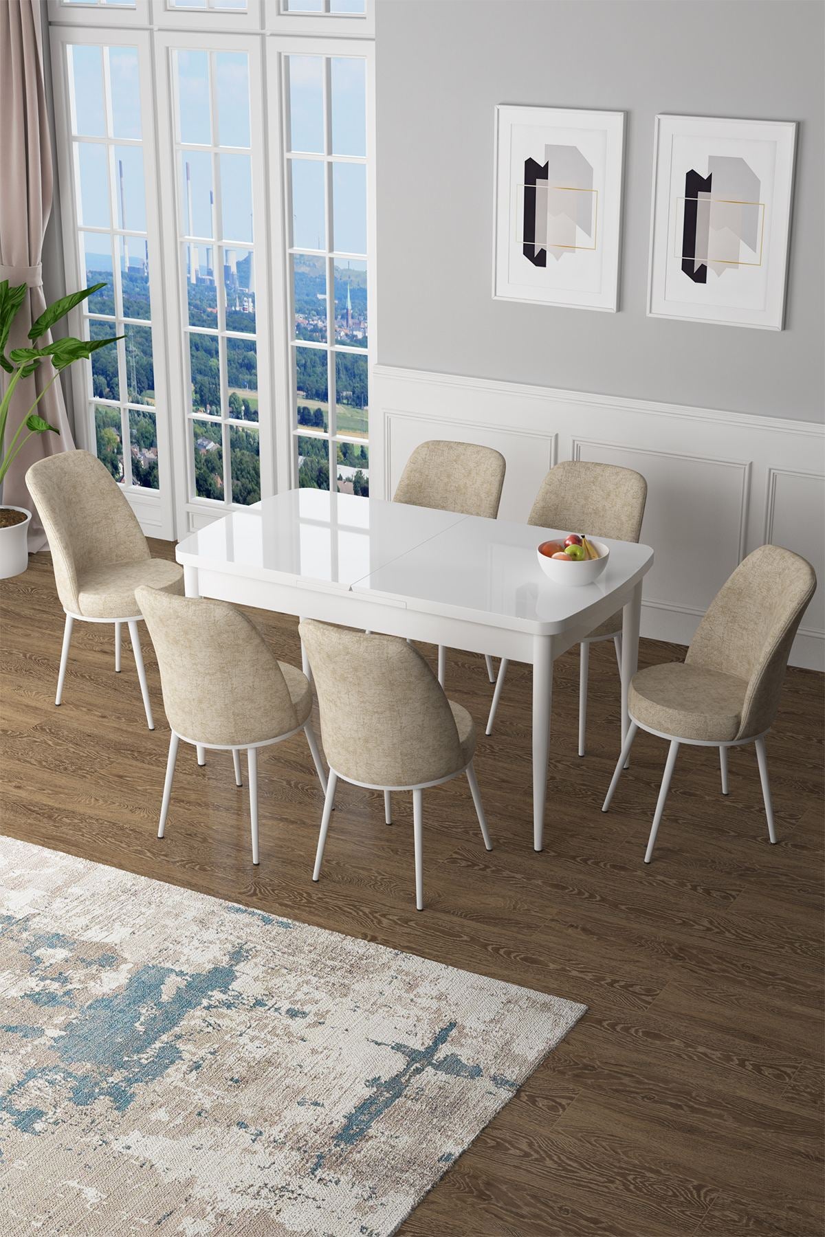 Conjunto de Mesa de Jantar Extensível e Cadeiras (7 peças) – 170 cm – Branco e Creme – MDF e Metal