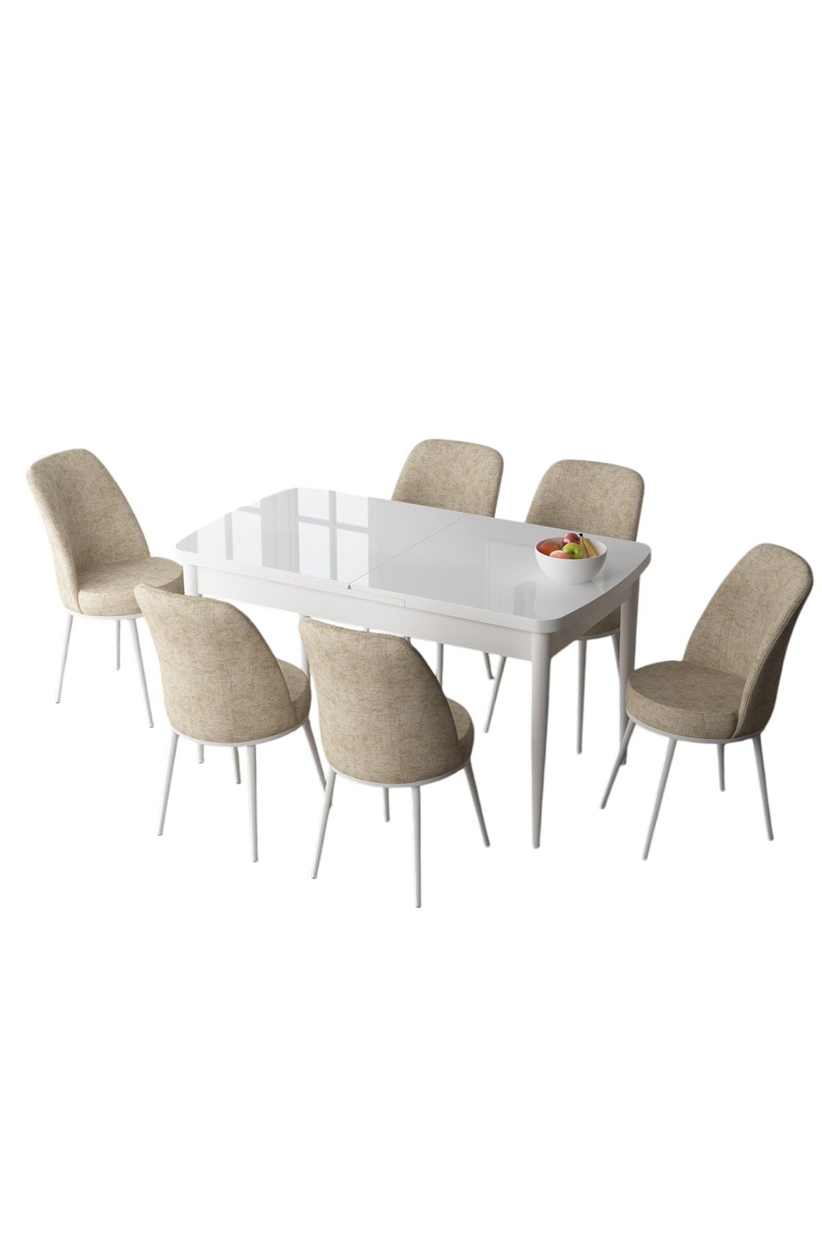 Conjunto de Mesa de Jantar Extensível e Cadeiras (7 peças) – 170 cm – Branco e Creme – MDF e Metal